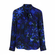 DESIGUAL Kency Women Blouse M Blue Tie-Dye Pattern Bow Tie Collar Long Sleeve