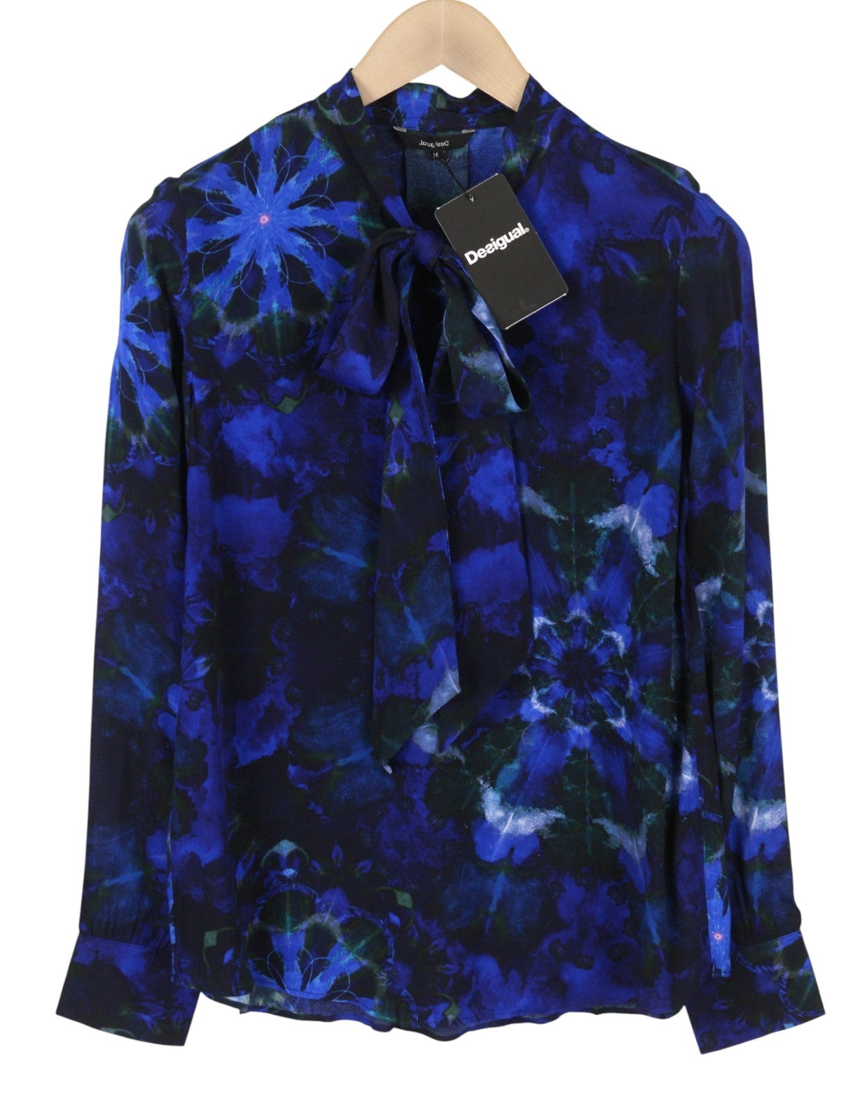 DESIGUAL Kency Women Blouse M Blue Tie-Dye Pattern Bow Tie Collar Long Sleeve
