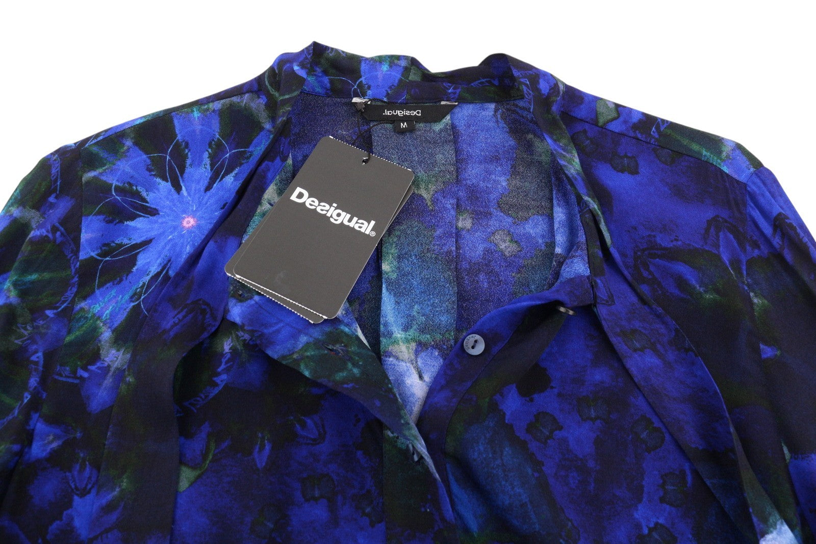 DESIGUAL Kency Women Blouse M Blue Tie-Dye Pattern Bow Tie Collar Long Sleeve