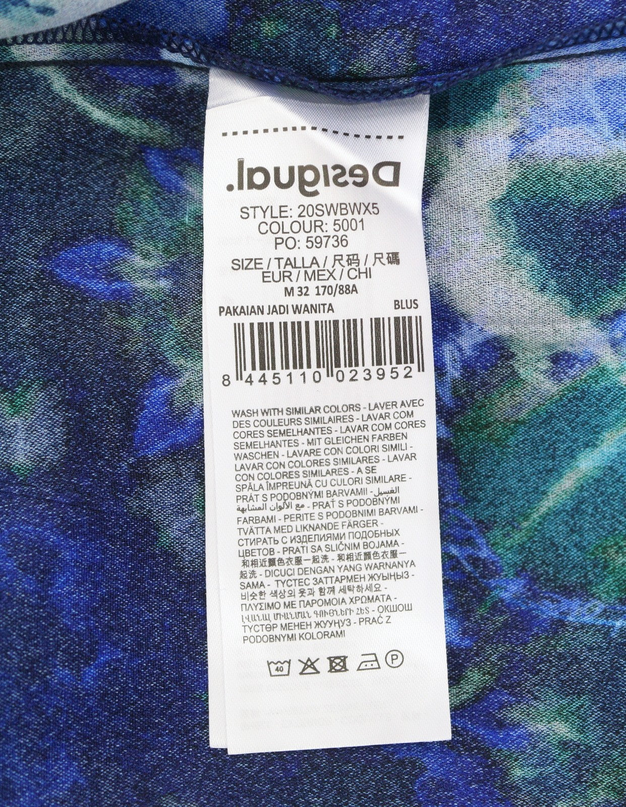 DESIGUAL Kency Women Blouse M Blue Tie-Dye Pattern Bow Tie Collar Long Sleeve