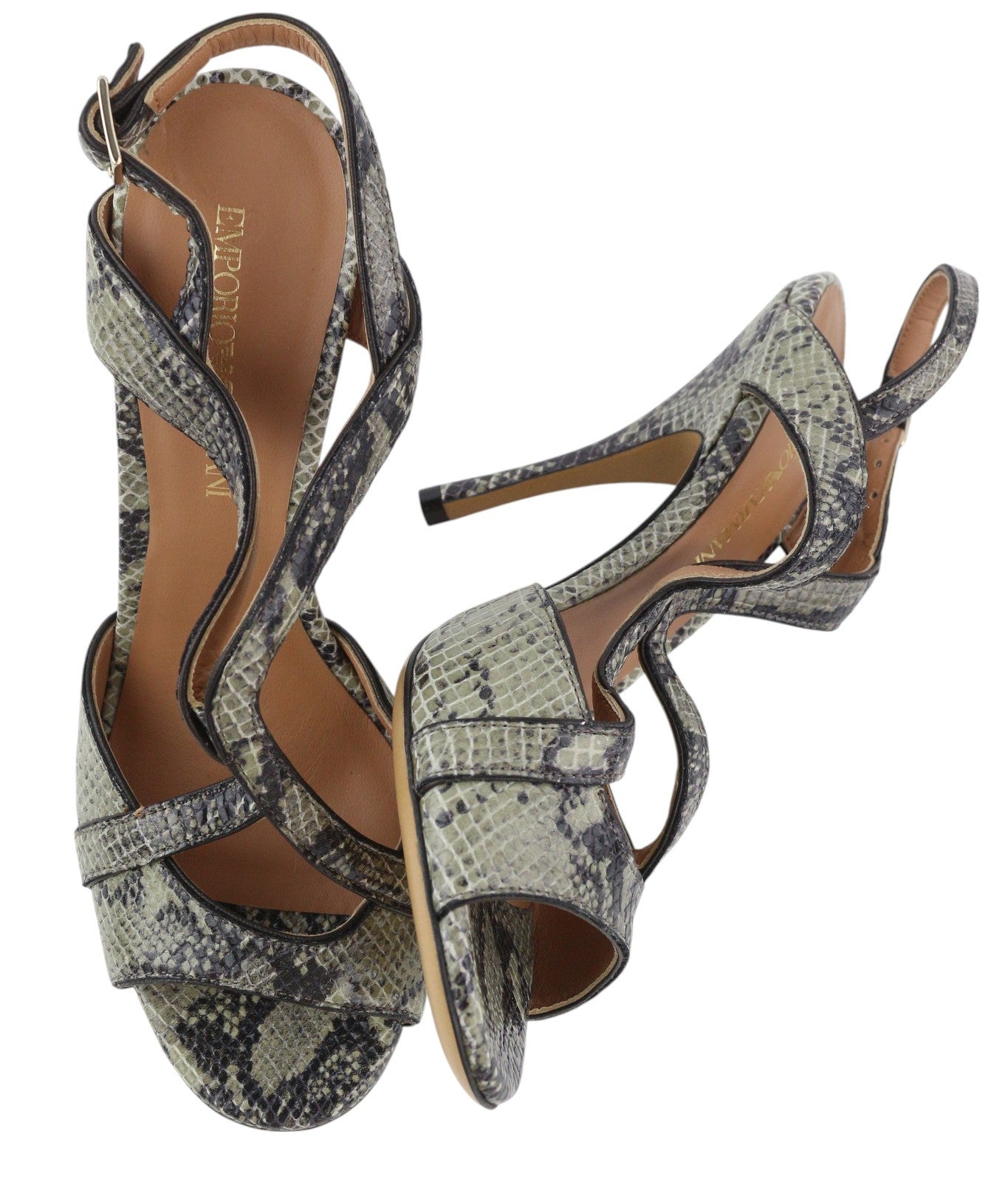 EMPORIO ARMANI Women Heels EU37 Green Snake Print Leather Buckle Sandals