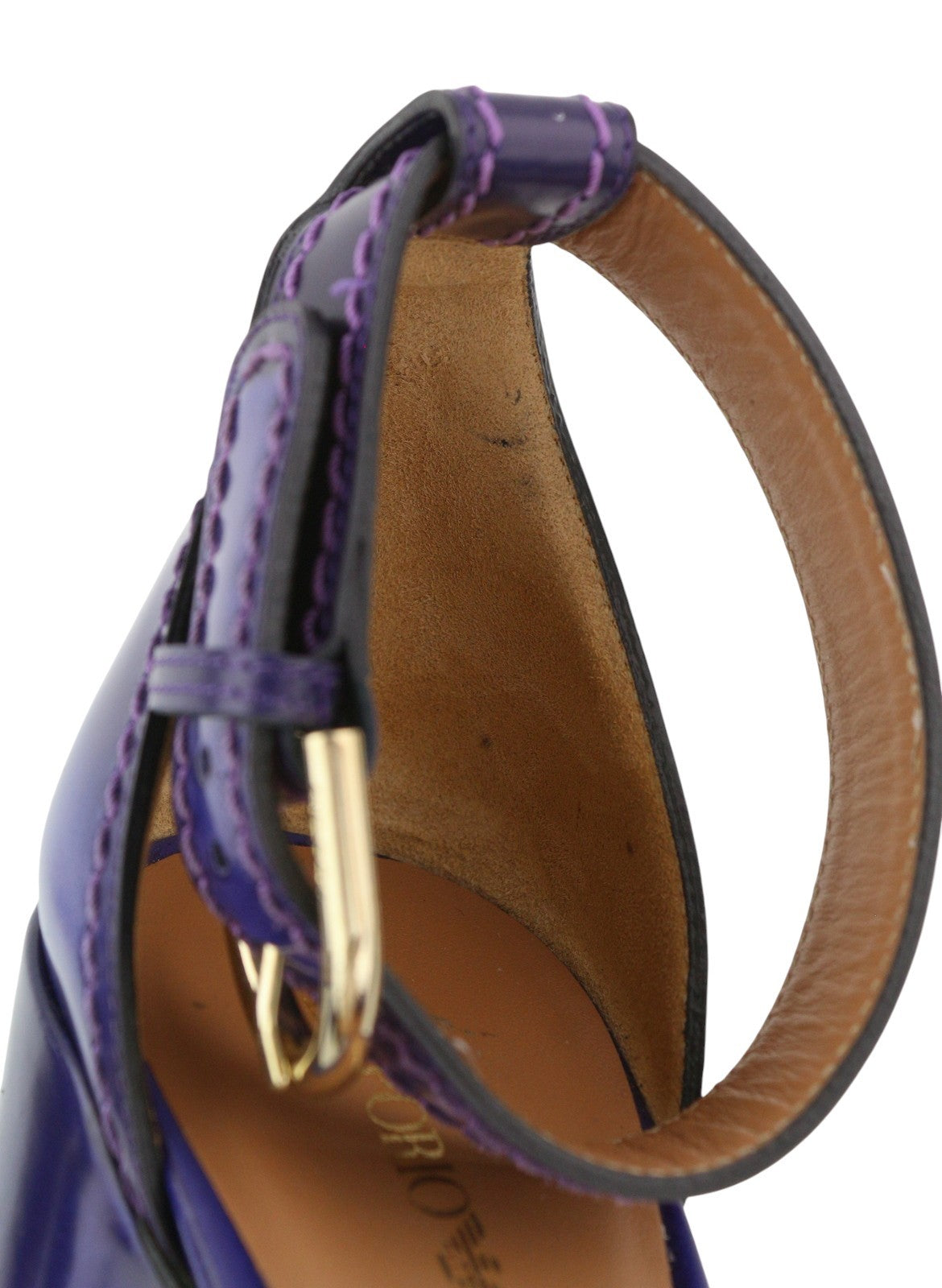 EMPORIO ARMANI Women Heels EU37 Purple Leather Block Heel Open Toe Sandals