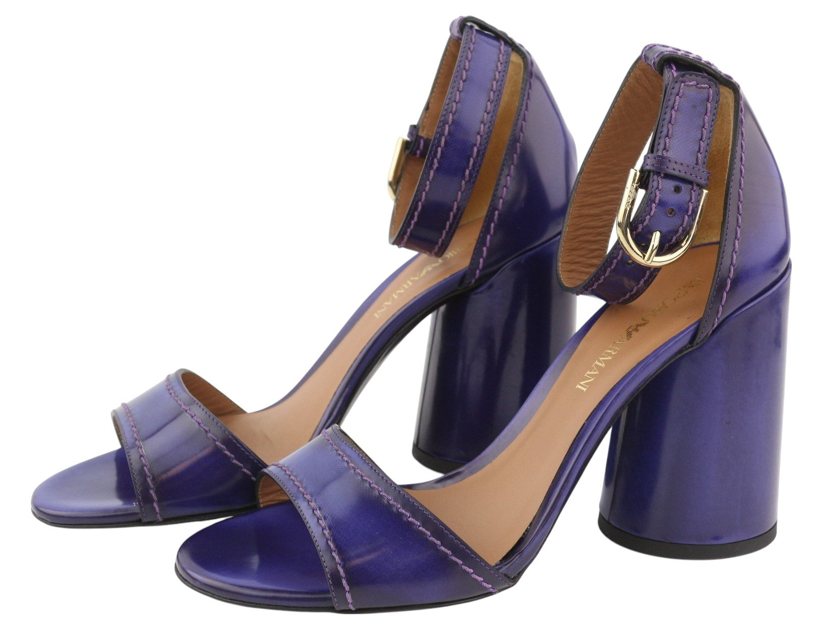 EMPORIO ARMANI Women Heels EU37 Purple Leather Block Heel Open Toe Sandals