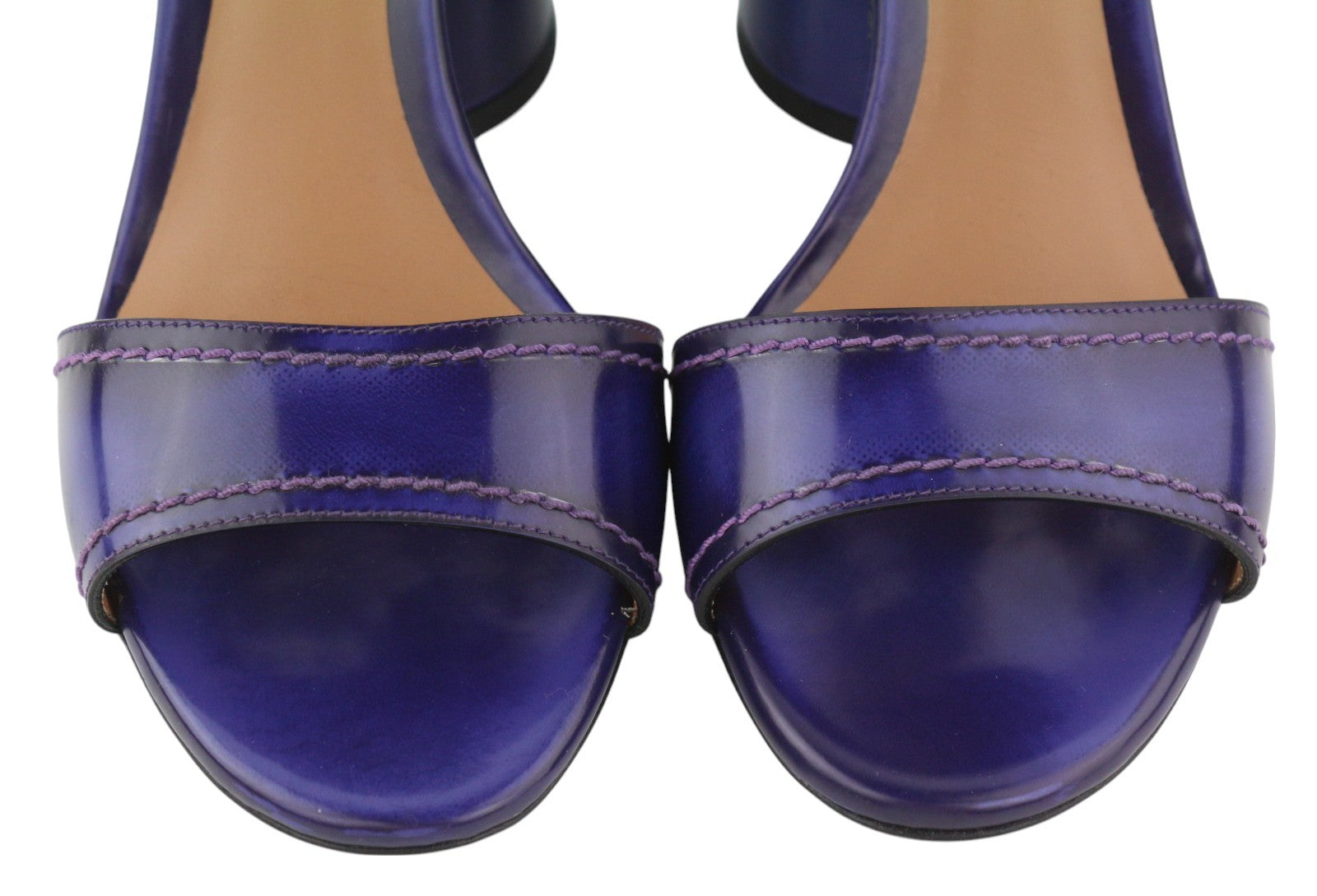 EMPORIO ARMANI Women Heels EU37 Purple Leather Block Heel Open Toe Sandals