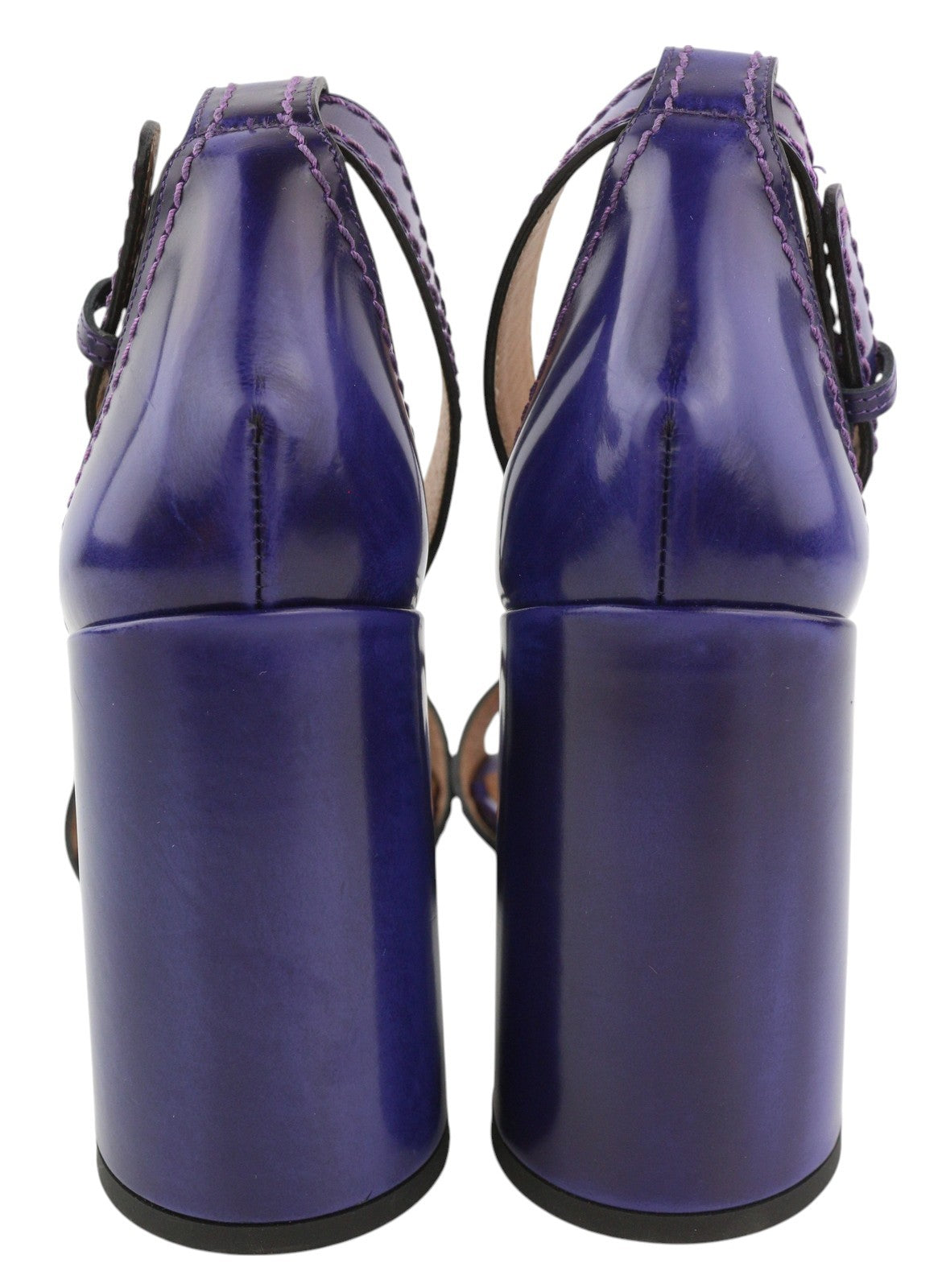 EMPORIO ARMANI Women Heels EU37 Purple Leather Block Heel Open Toe Sandals