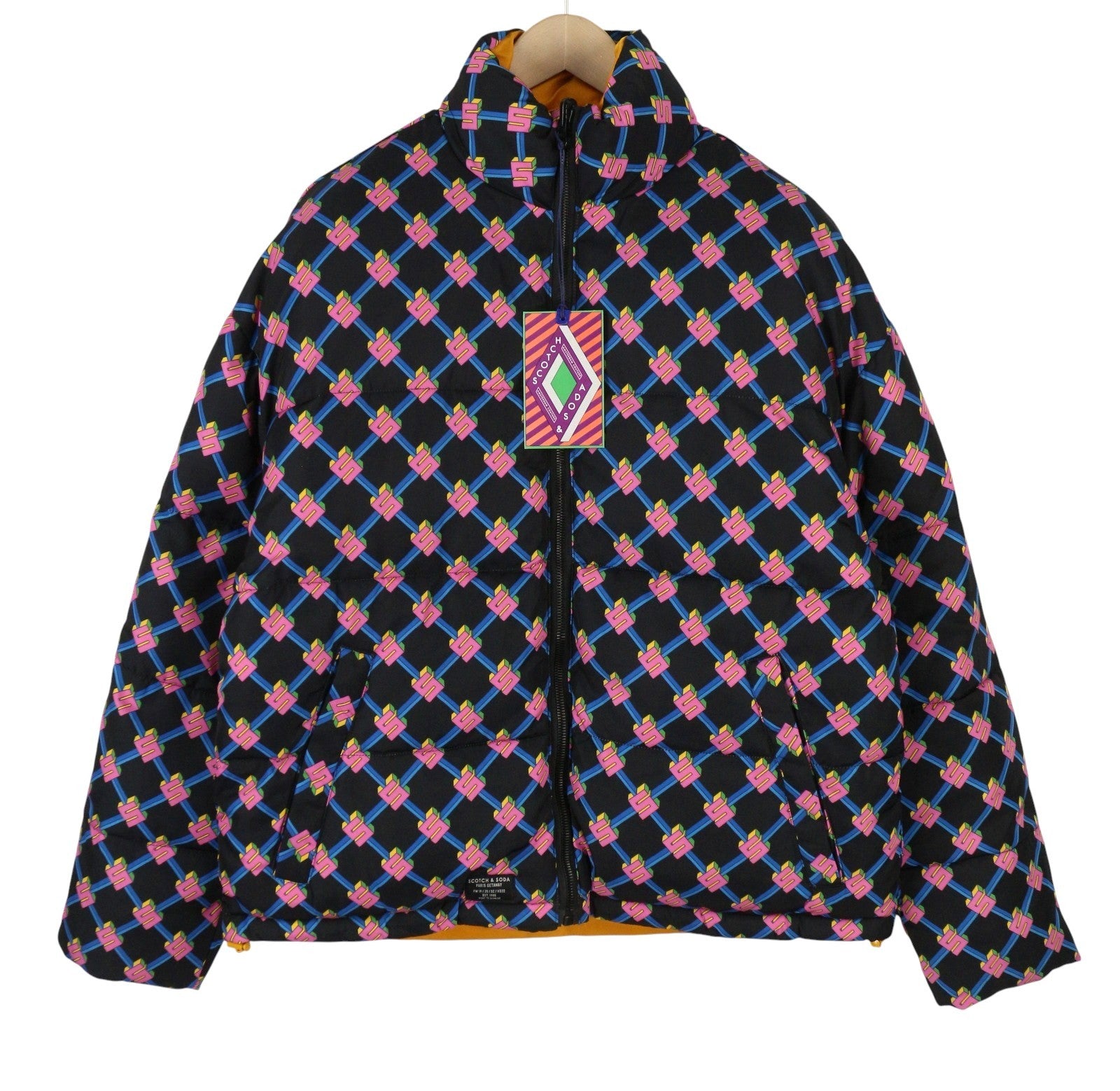 SCOTCH & SODA Women Jacket L Reversible Quilted Padded Allover Logo Print Puffer