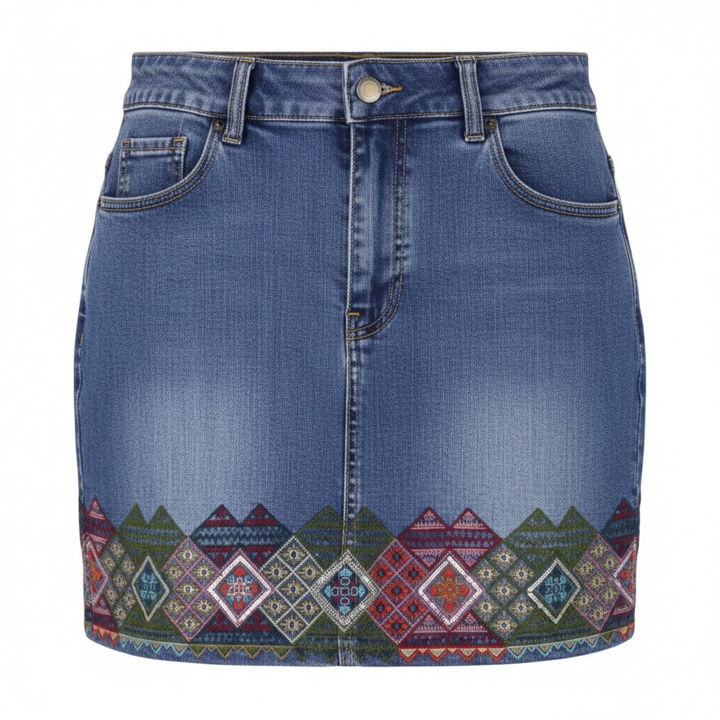 DESIGUAL Lausana Women Skirt W26 Denim Faded Embroidered Zip Fly Mini