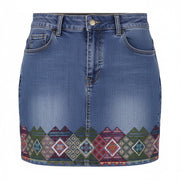 DESIGUAL Lausana Women Skirt W26 Denim Faded Embroidered Zip Fly Mini