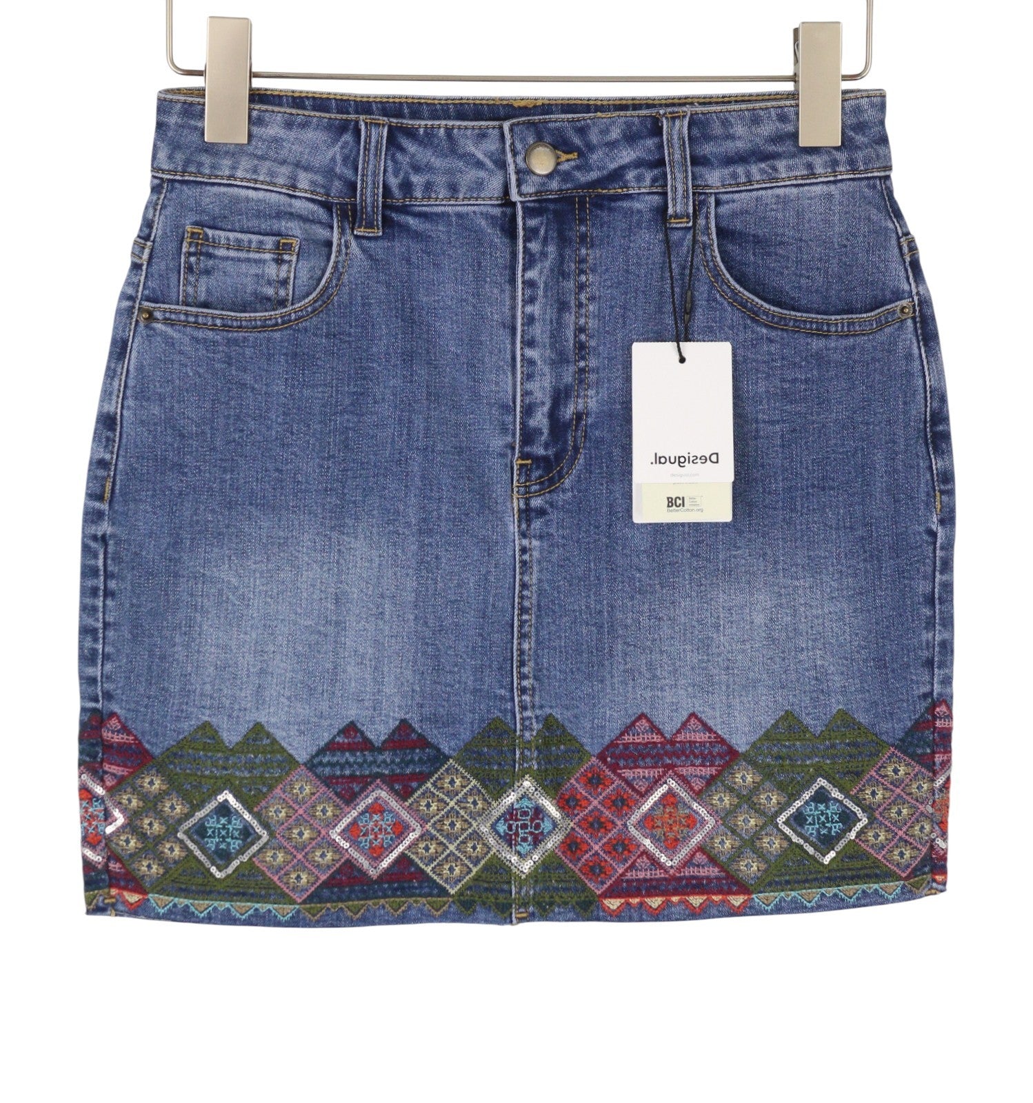 DESIGUAL Lausana Women Skirt W26 Denim Faded Embroidered Zip Fly Mini