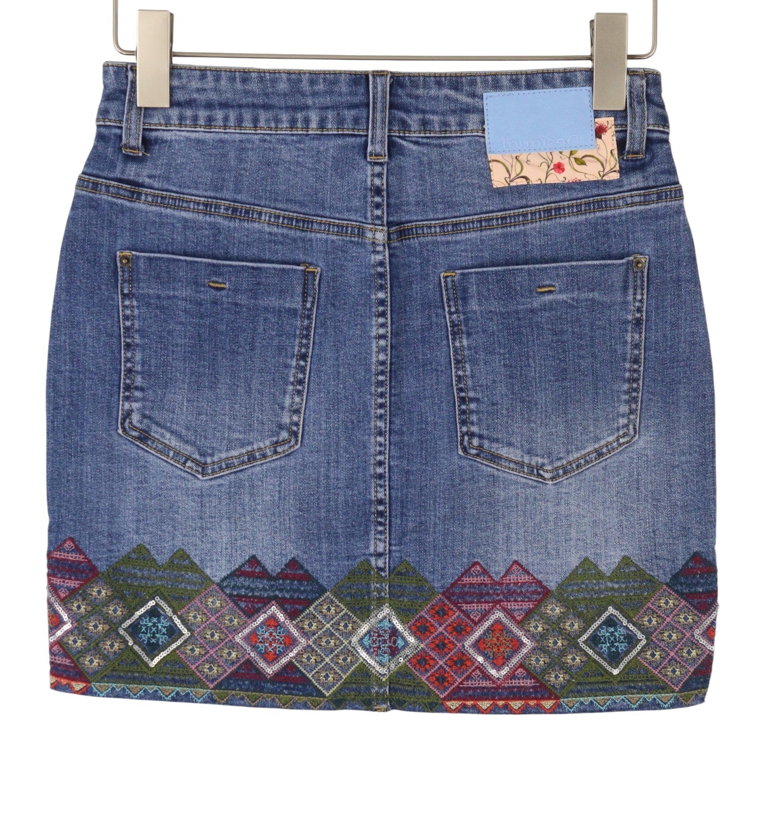 DESIGUAL Lausana Women Skirt W26 Denim Faded Embroidered Zip Fly Mini
