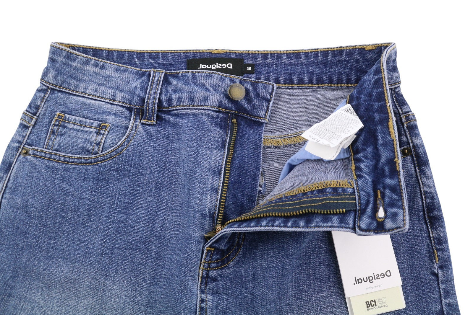 DESIGUAL Lausana Women Skirt W26 Denim Faded Embroidered Zip Fly Mini