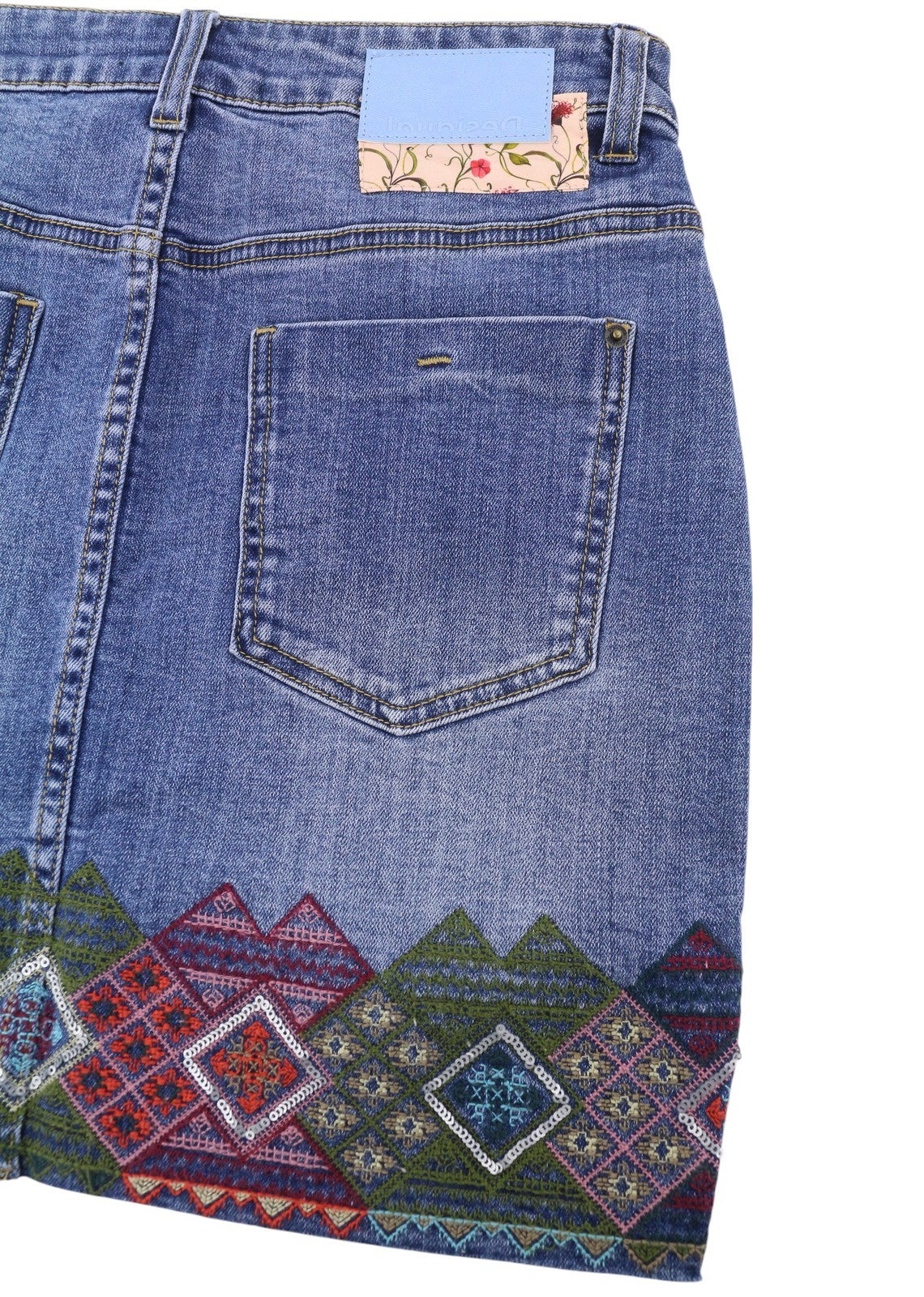 DESIGUAL Lausana Women Skirt W26 Denim Faded Embroidered Zip Fly Mini