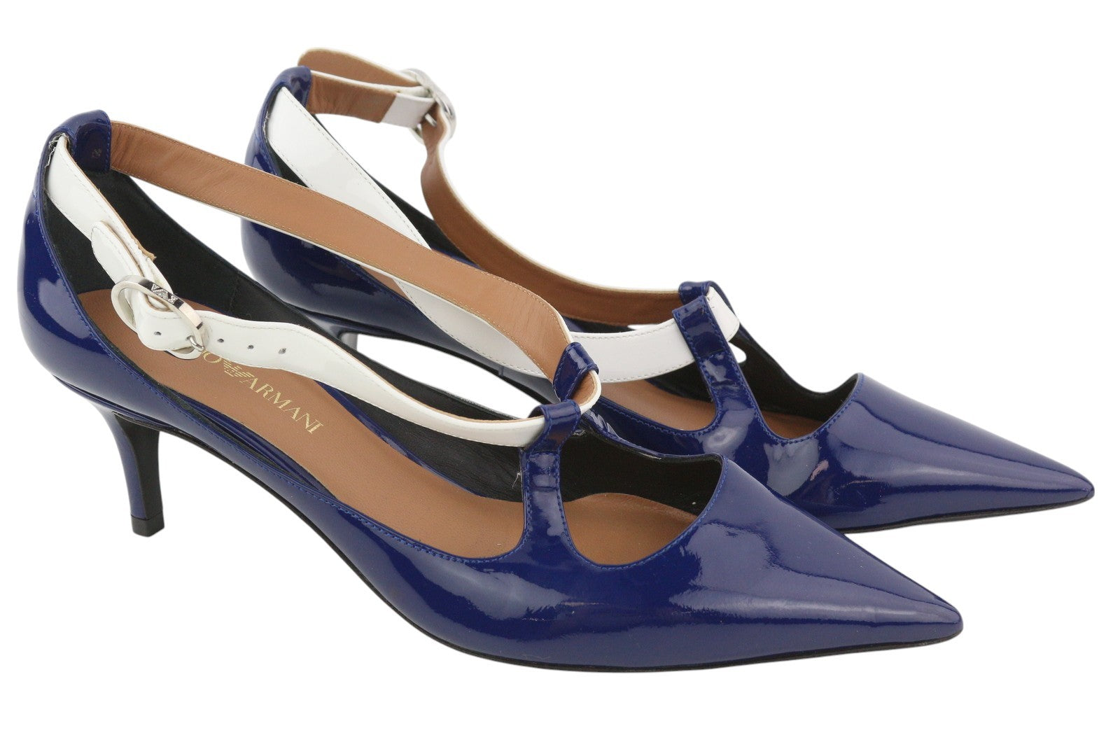 EMPORIO ARMANI Women Heels EU37 Blue Shiny Buckle Pointed Pumps