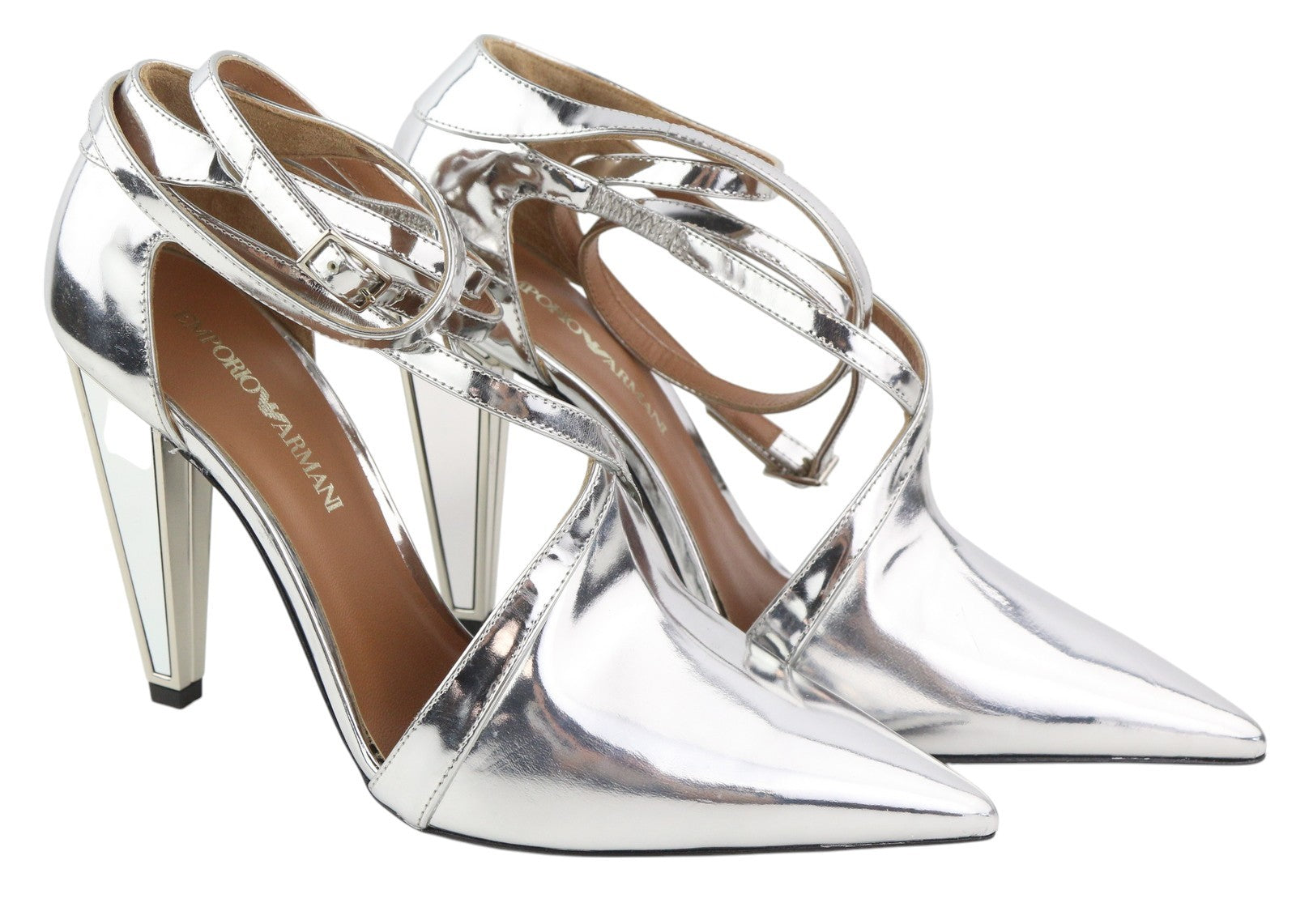 EMPORIO ARMANI Women Heels EU37 Silver Shiny Strap Buckle Pumps