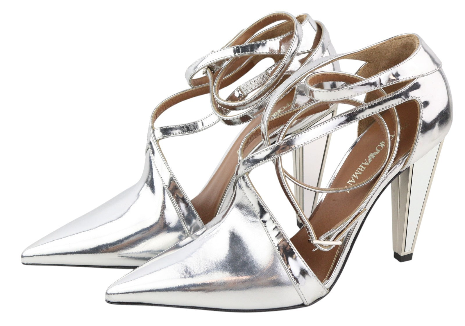 EMPORIO ARMANI Women Heels EU37 Silver Shiny Strap Buckle Pumps