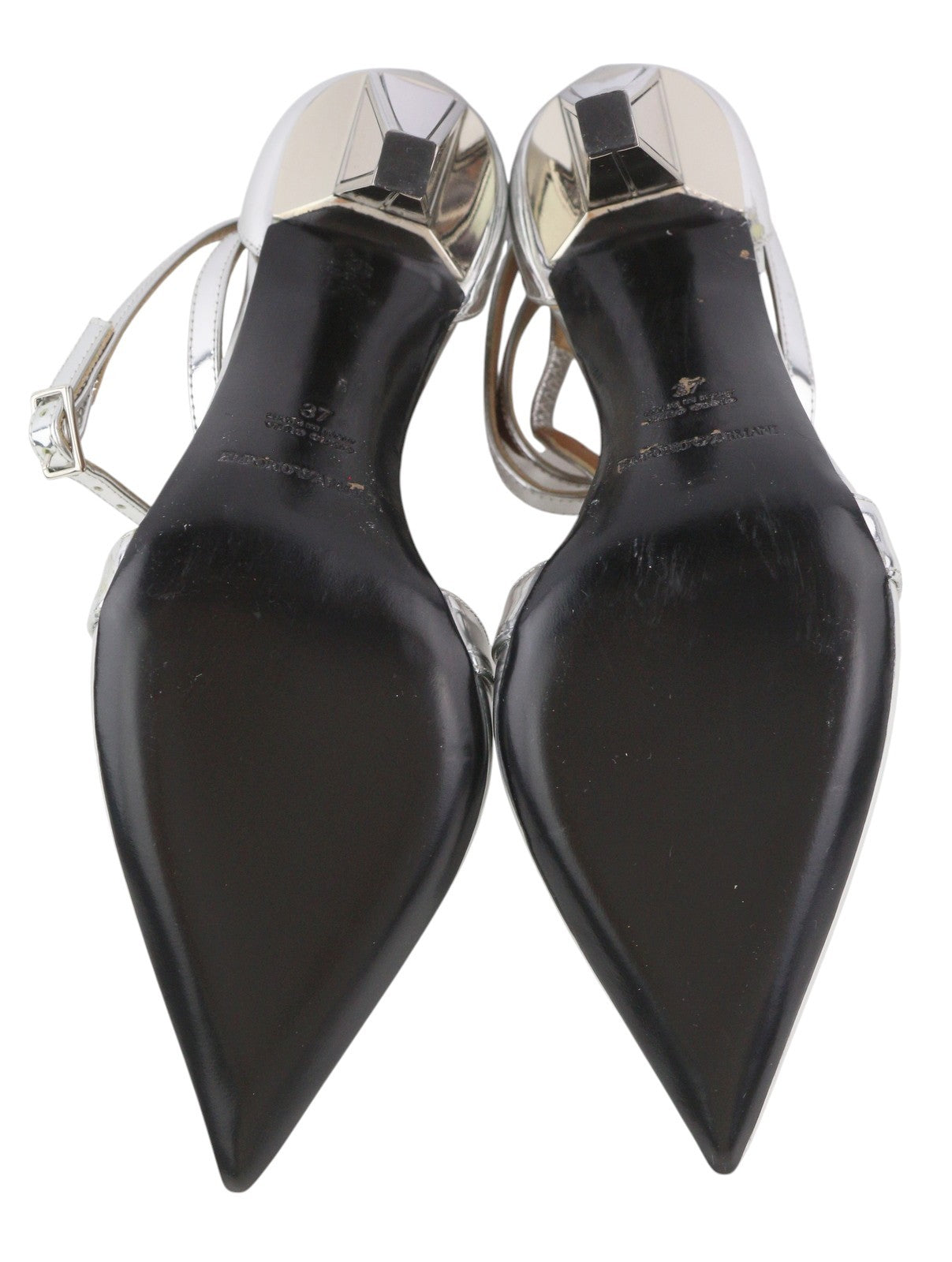 EMPORIO ARMANI Women Heels EU37 Silver Shiny Strap Buckle Pumps