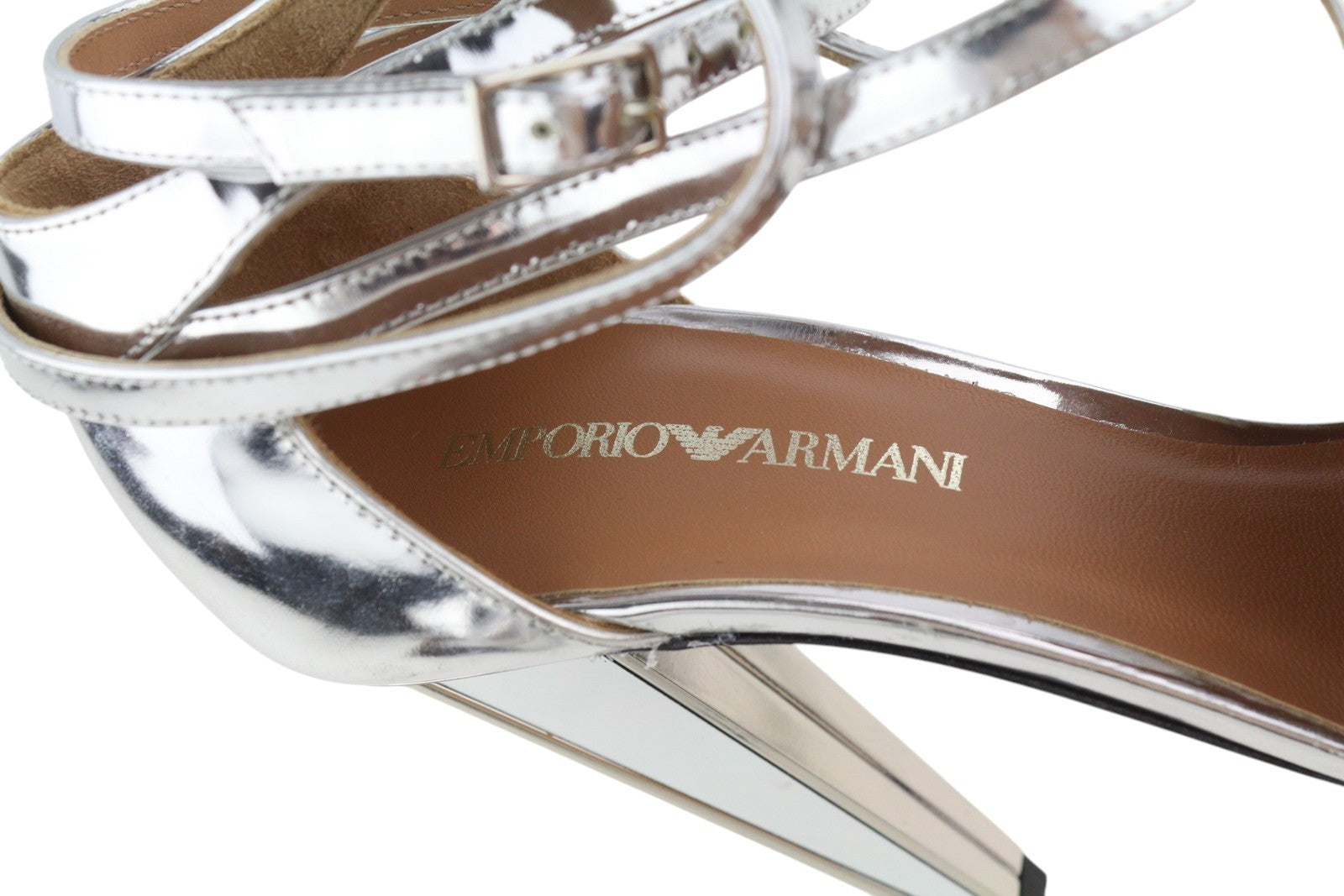 EMPORIO ARMANI Women Heels EU37 Silver Shiny Strap Buckle Pumps