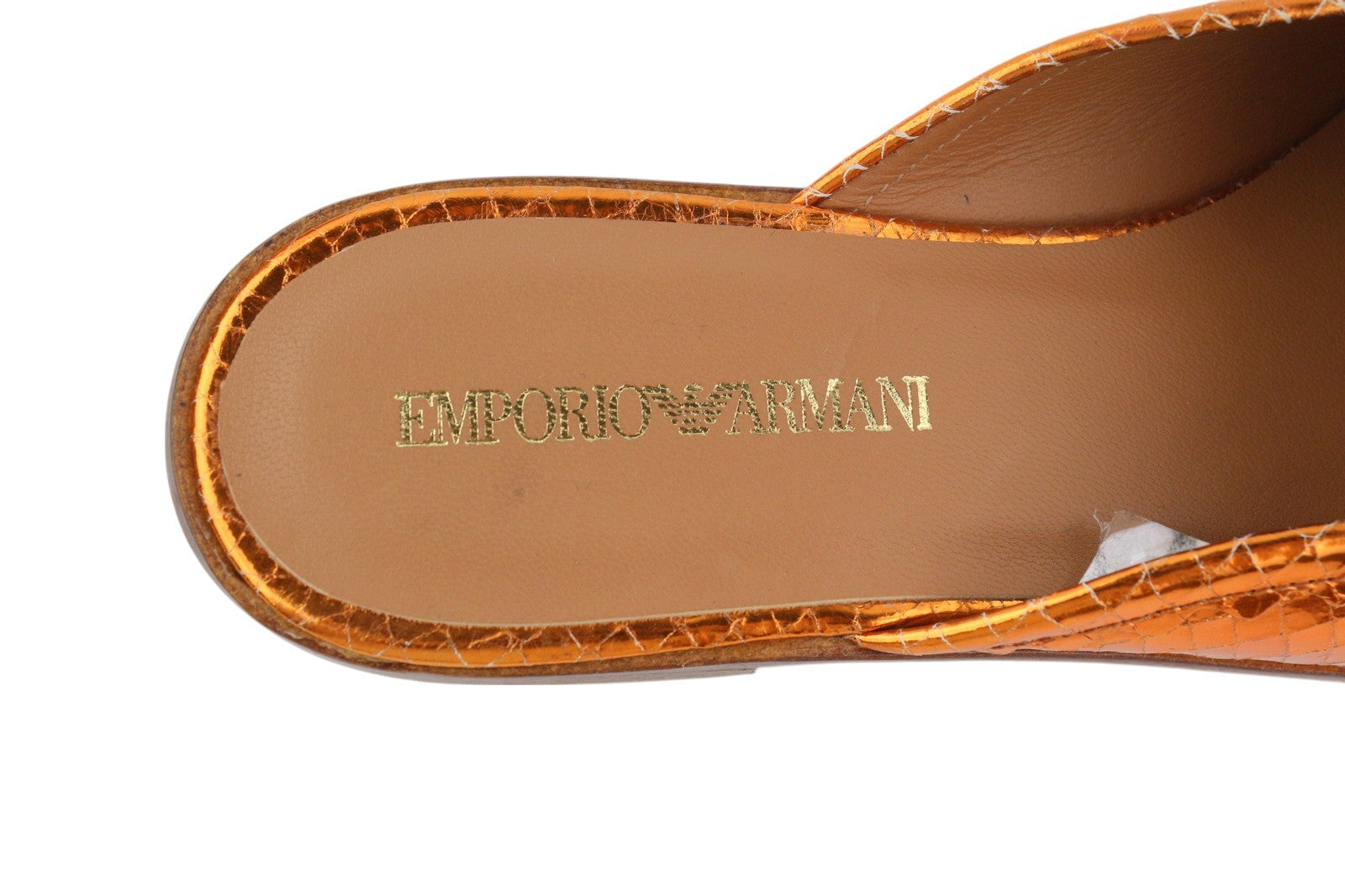 EMPORIO ARMANI X3A068 Women Flats EU37 Orange Shiny Leather Mule Sandals