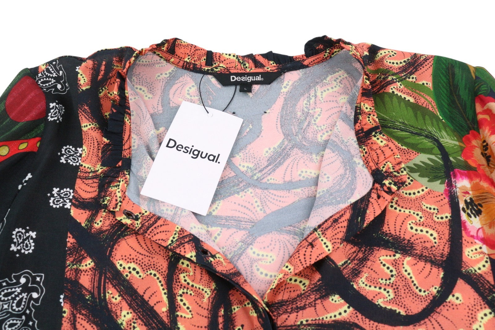 DESIGUAL Jenica Women Blouse L Colourful Ethnic Button Roll-Up 3/4 Sleeves