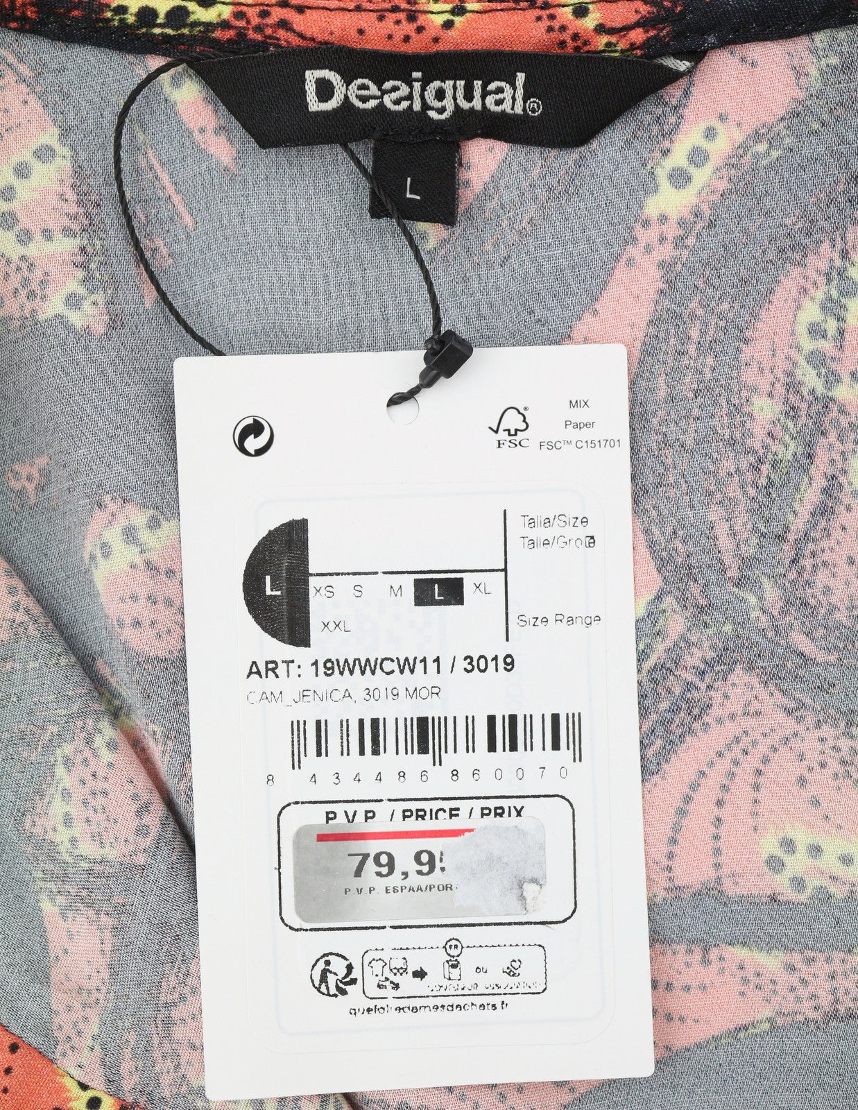 DESIGUAL Jenica Women Blouse L Colourful Ethnic Button Roll-Up 3/4 Sleeves