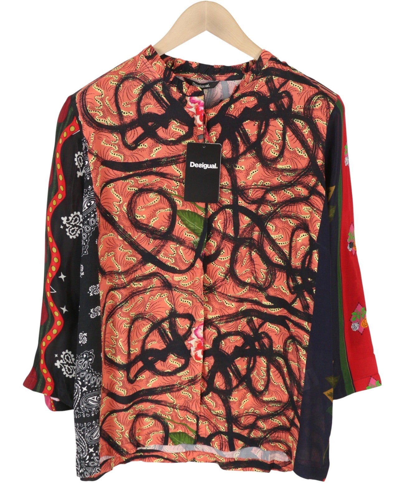 DESIGUAL Jenica Women Blouse 2XL Colourful Ethnic Print Roll Up 3/4 Sleeve