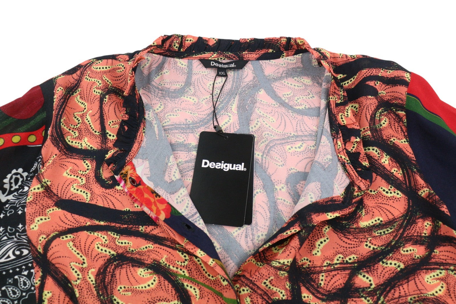 DESIGUAL Jenica Women Blouse 2XL Colourful Ethnic Print Roll Up 3/4 Sleeve