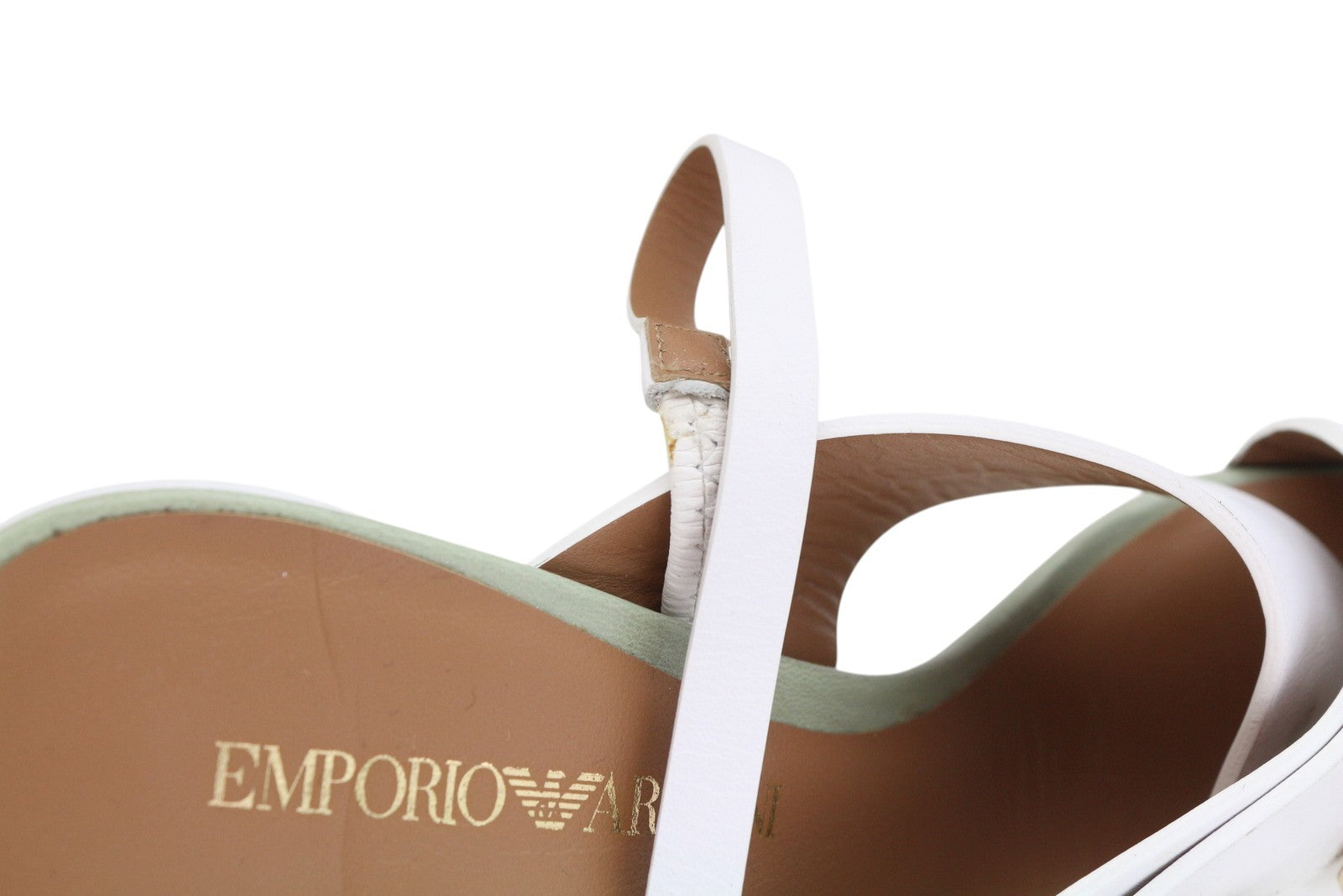 EMPORIO ARMANI X3P727 Women Heels EU37 White Leather Gold Detail Sandals