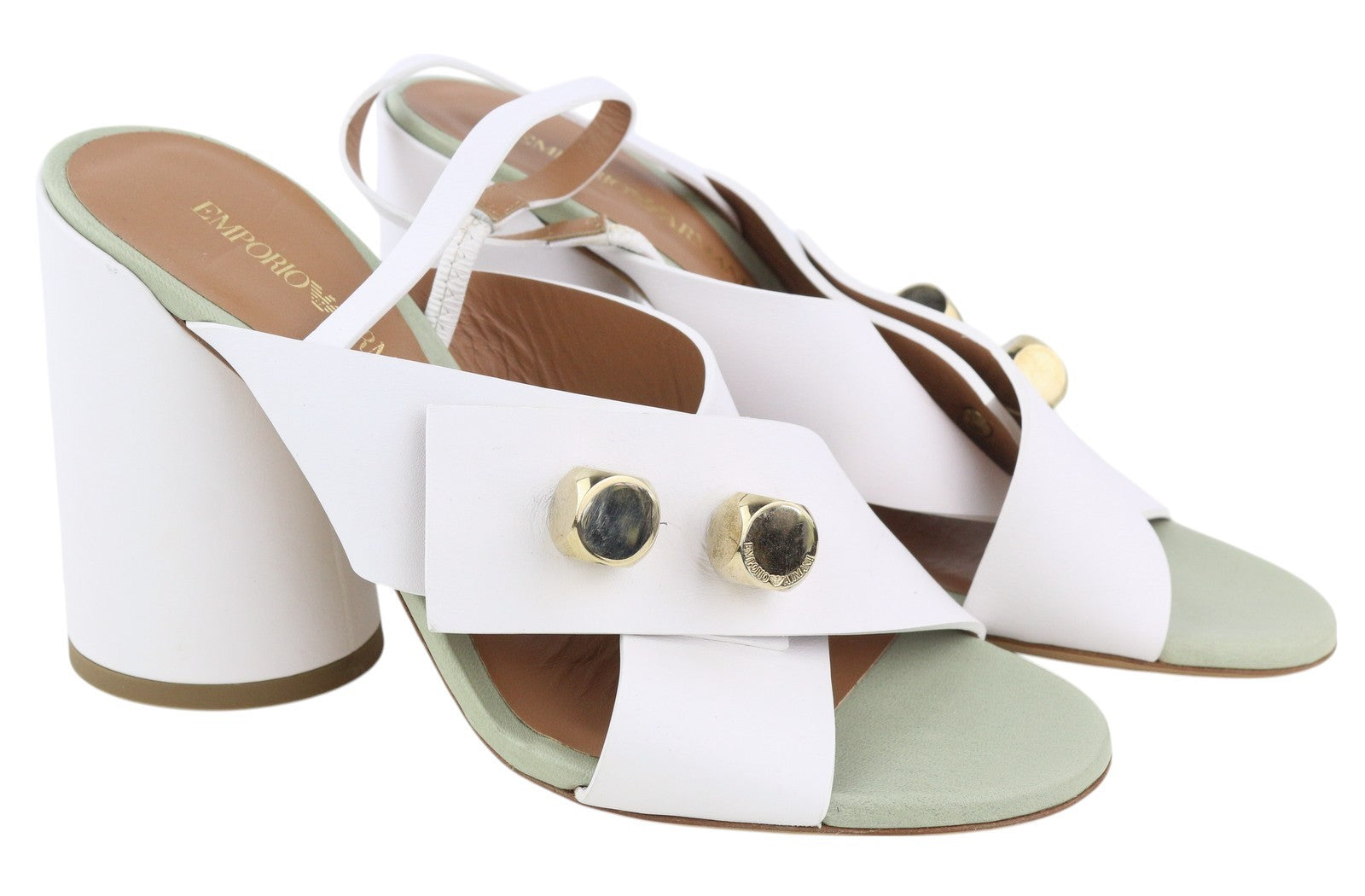 EMPORIO ARMANI X3P727 Women Heels EU37 White Leather Gold Detail Sandals