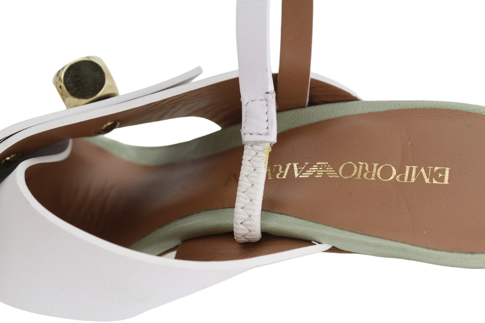 EMPORIO ARMANI X3P727 Women Heels EU37 White Leather Gold Detail Sandals