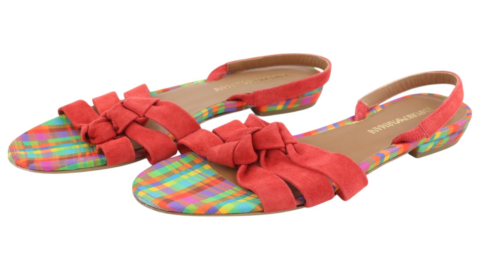 EMPORIO ARMANI X3P657 Women Sandals EU37 Red Suede Open Toe Logo Flats