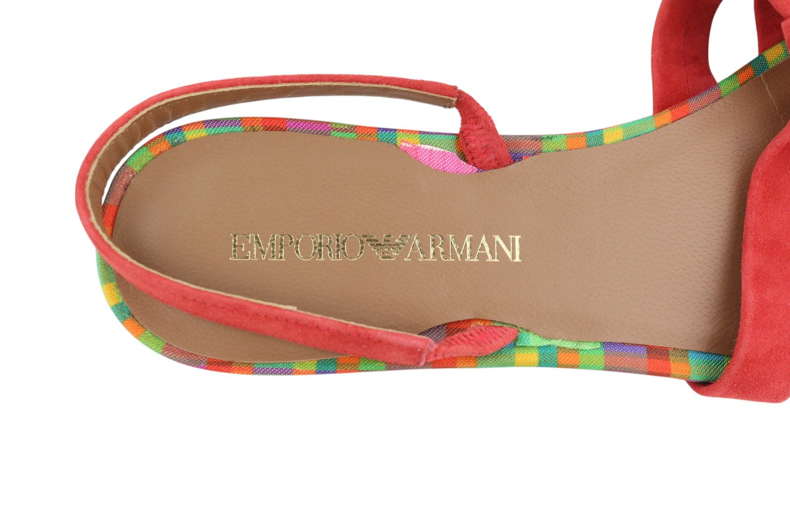EMPORIO ARMANI X3P657 Women Sandals EU37 Red Suede Open Toe Logo Flats