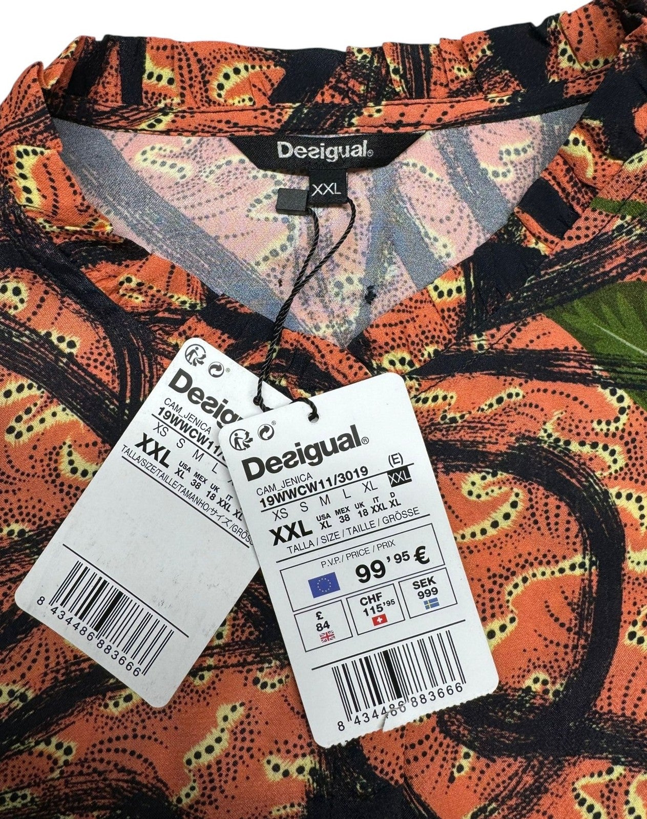 DESIGUAL Jenica Women Blouse 2XL Colourful Ethnic Button Roll-Up 3/4 Sleeves