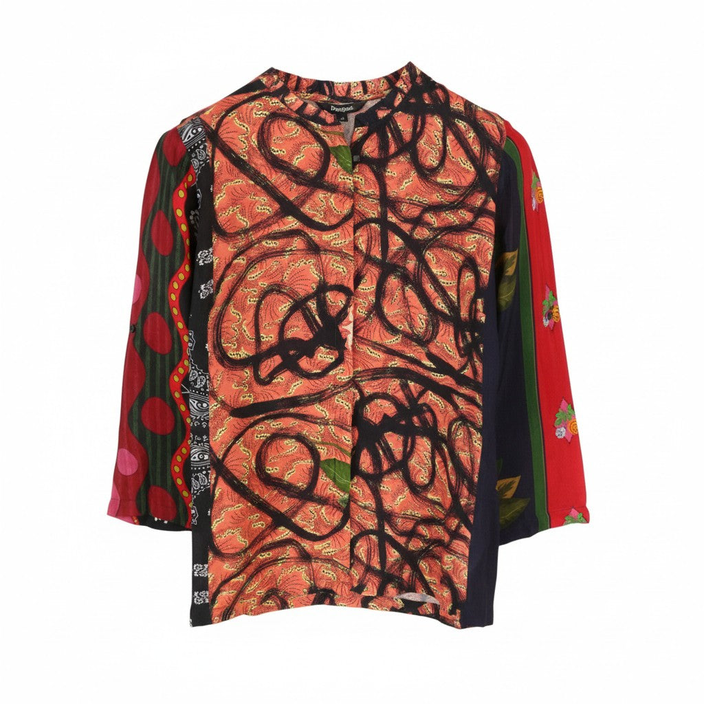 DESIGUAL Jenica Women Blouse 2XL Colourful Ethnic Button Roll-Up 3/4 Sleeves