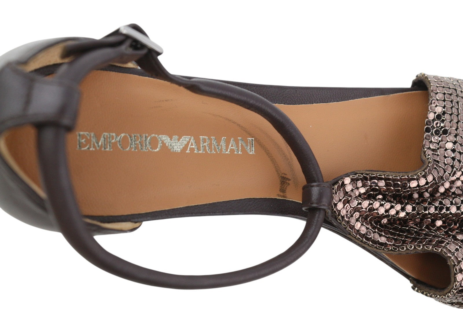 EMPORIO ARMANI X3D254 Women Flats EU37 Brown Shiny Pointed Toe Ballerina