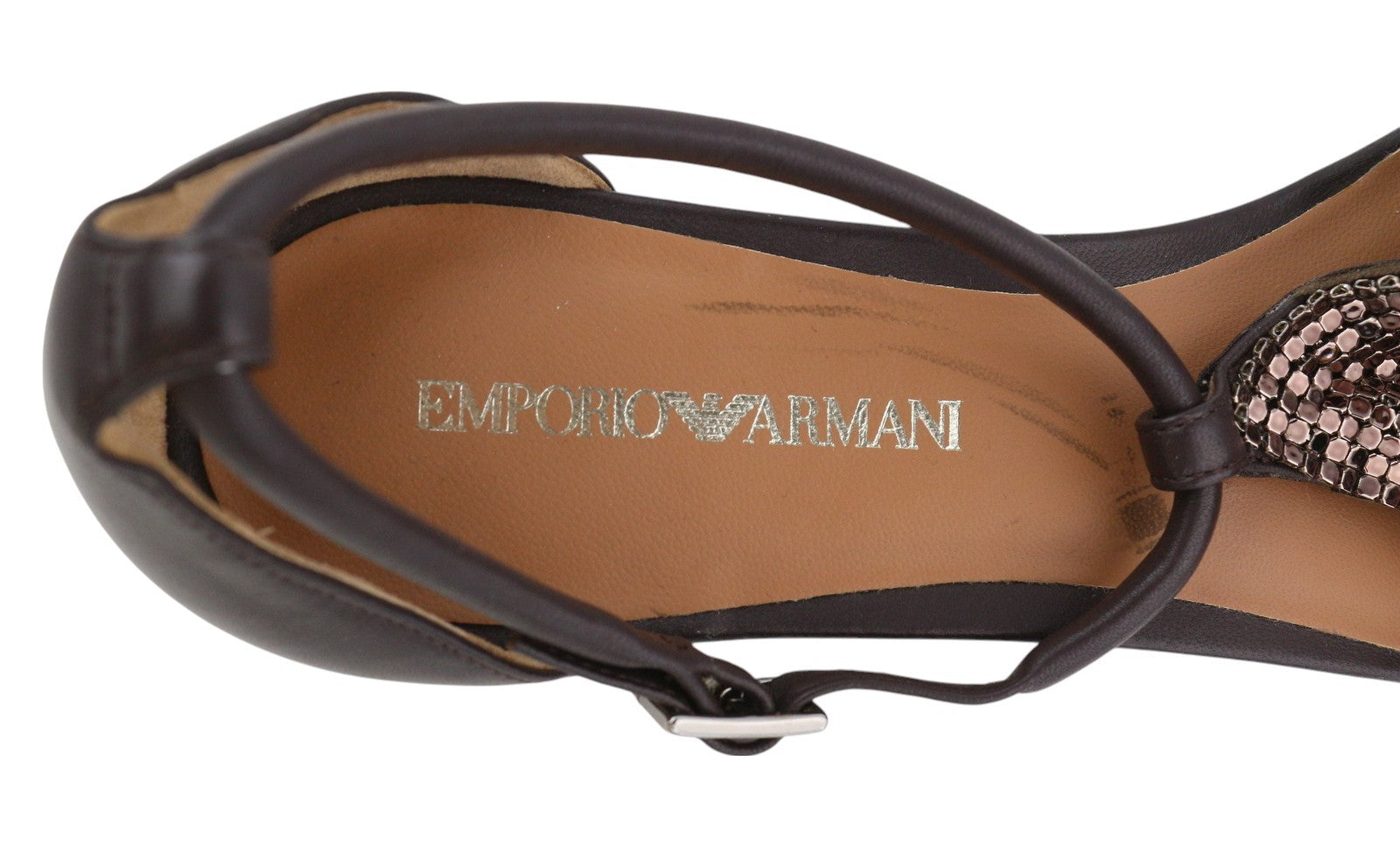 EMPORIO ARMANI X3D254 Women Flats EU37 Brown Shiny Pointed Toe Ballerina