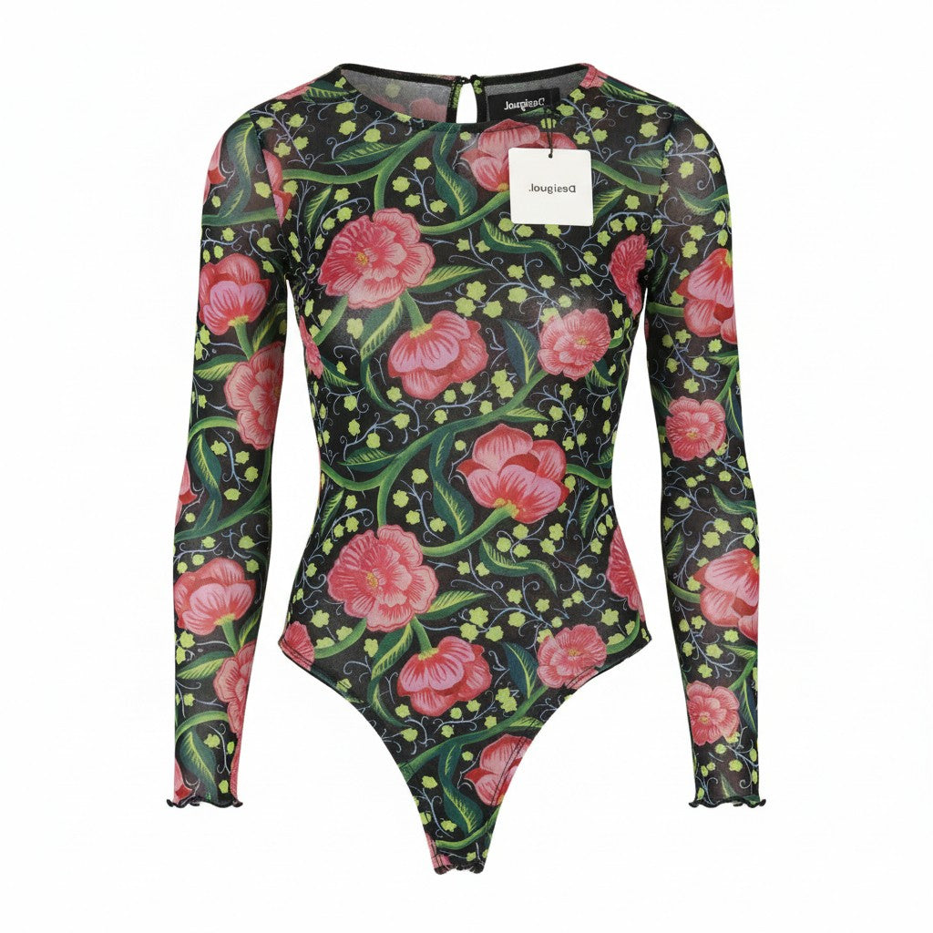 DESIGUAL Sally Women Bodysuit L Long Sleeve Floral Print Slim Fit Mesh