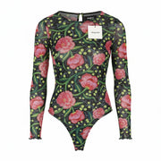 DESIGUAL Sally Women Bodysuit L Long Sleeve Floral Print Slim Fit Mesh
