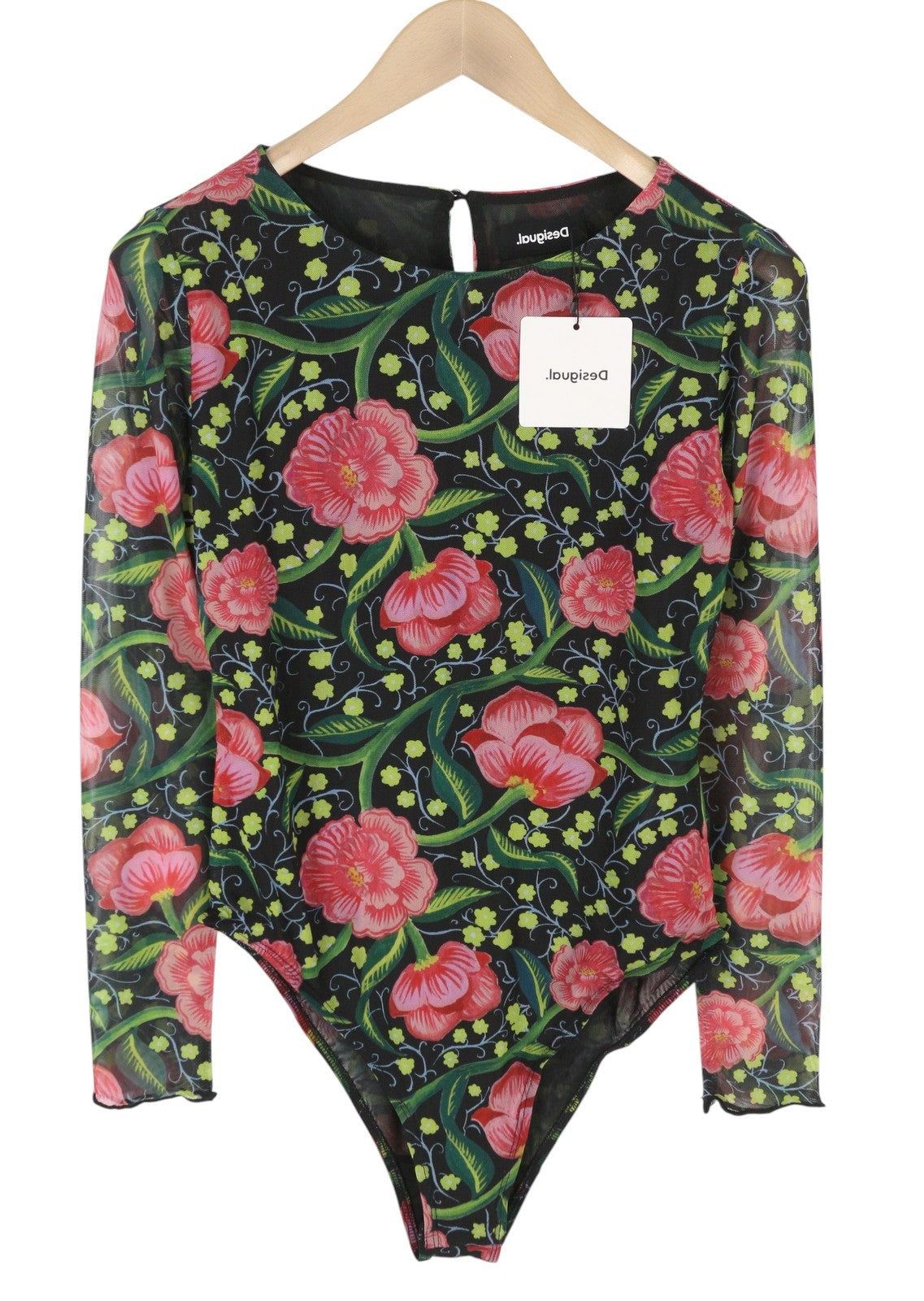 DESIGUAL Sally Women Bodysuit L Long Sleeve Floral Print Slim Fit Mesh