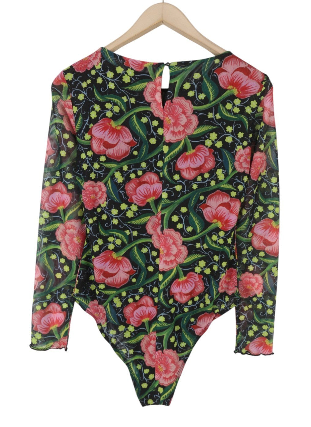 DESIGUAL Sally Women Bodysuit L Long Sleeve Floral Print Slim Fit Mesh