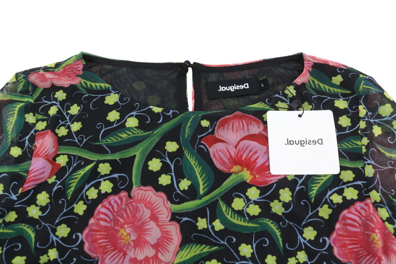 DESIGUAL Sally Women Bodysuit L Long Sleeve Floral Print Slim Fit Mesh