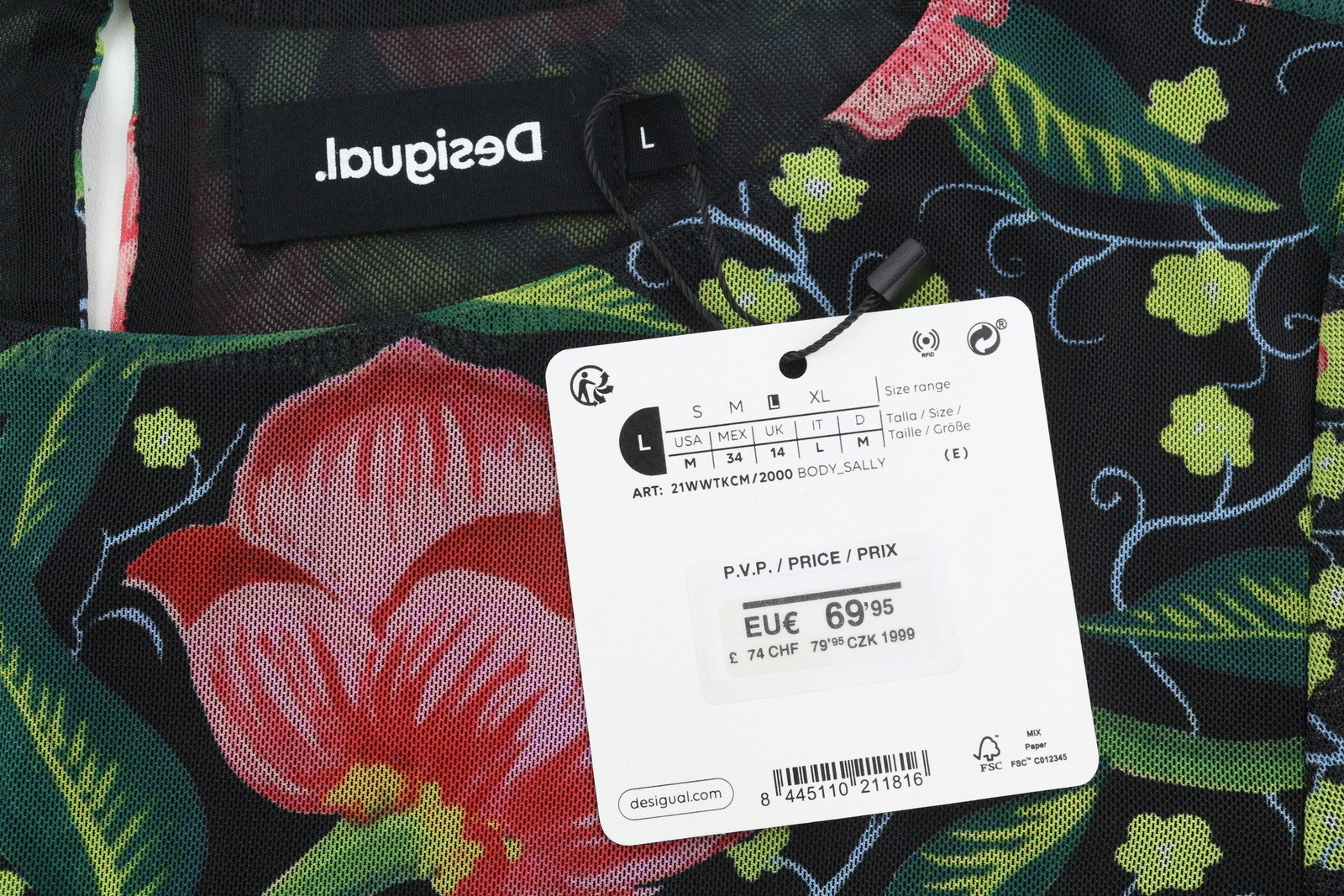 DESIGUAL Sally Women Bodysuit L Long Sleeve Floral Print Slim Fit Mesh