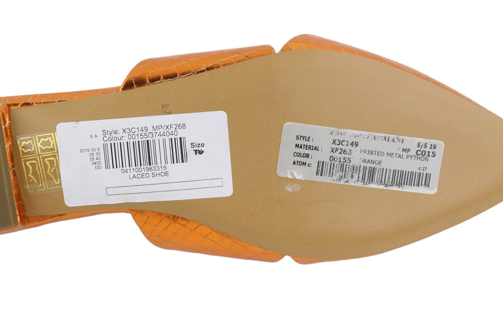 EMPORIO ARMANI X3C149 Women Flats EU37 Orange Shiny Laced Pointed Toe