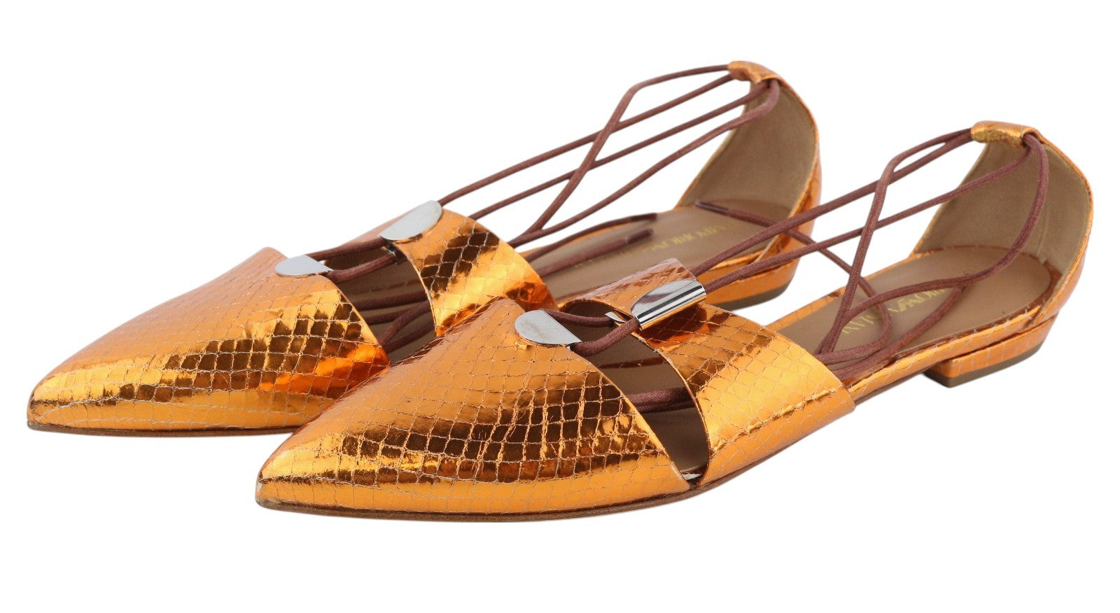 EMPORIO ARMANI X3C149 Women Flats EU37 Orange Shiny Laced Pointed Toe