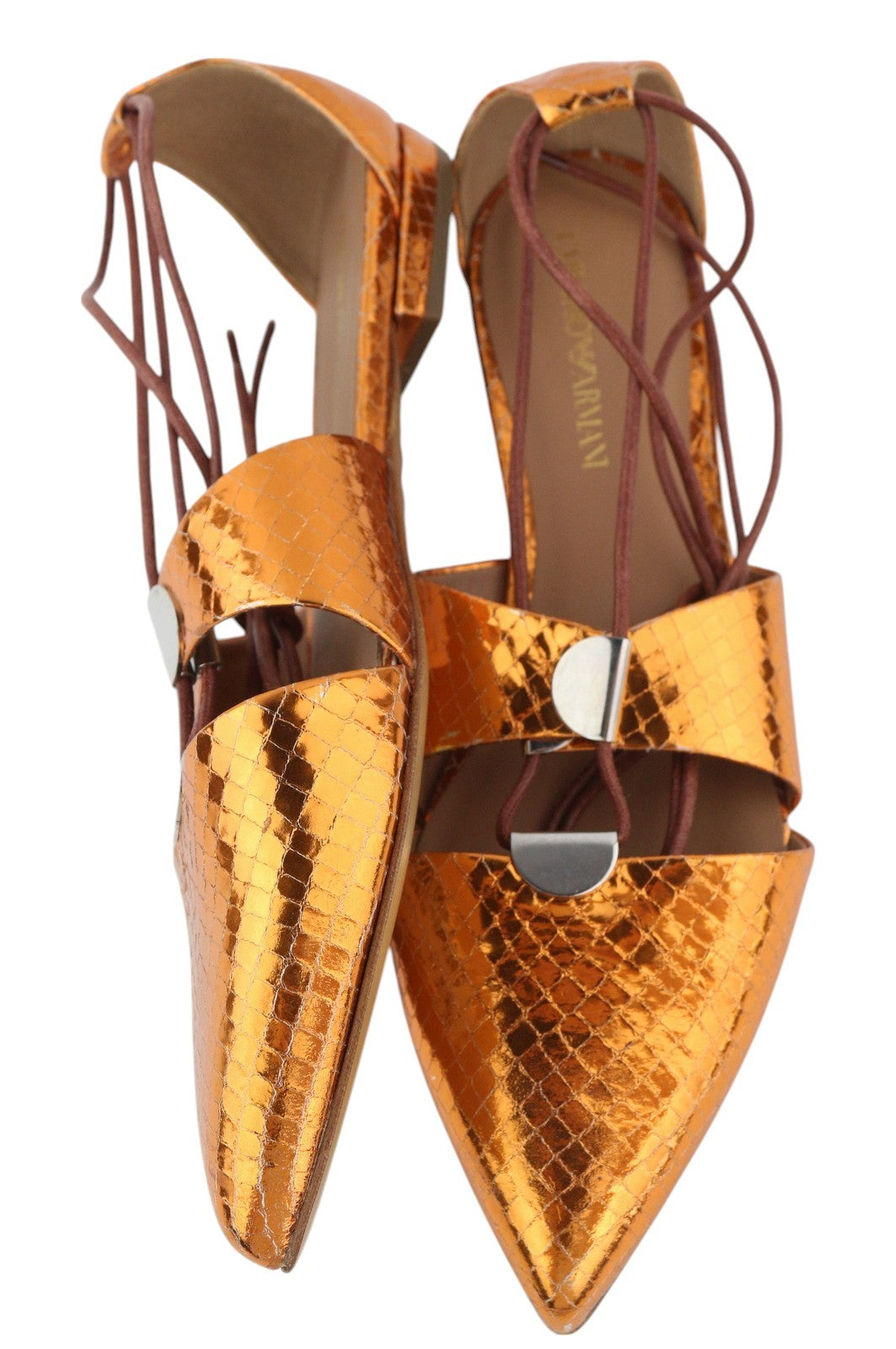 EMPORIO ARMANI X3C149 Women Flats EU37 Orange Shiny Laced Pointed Toe