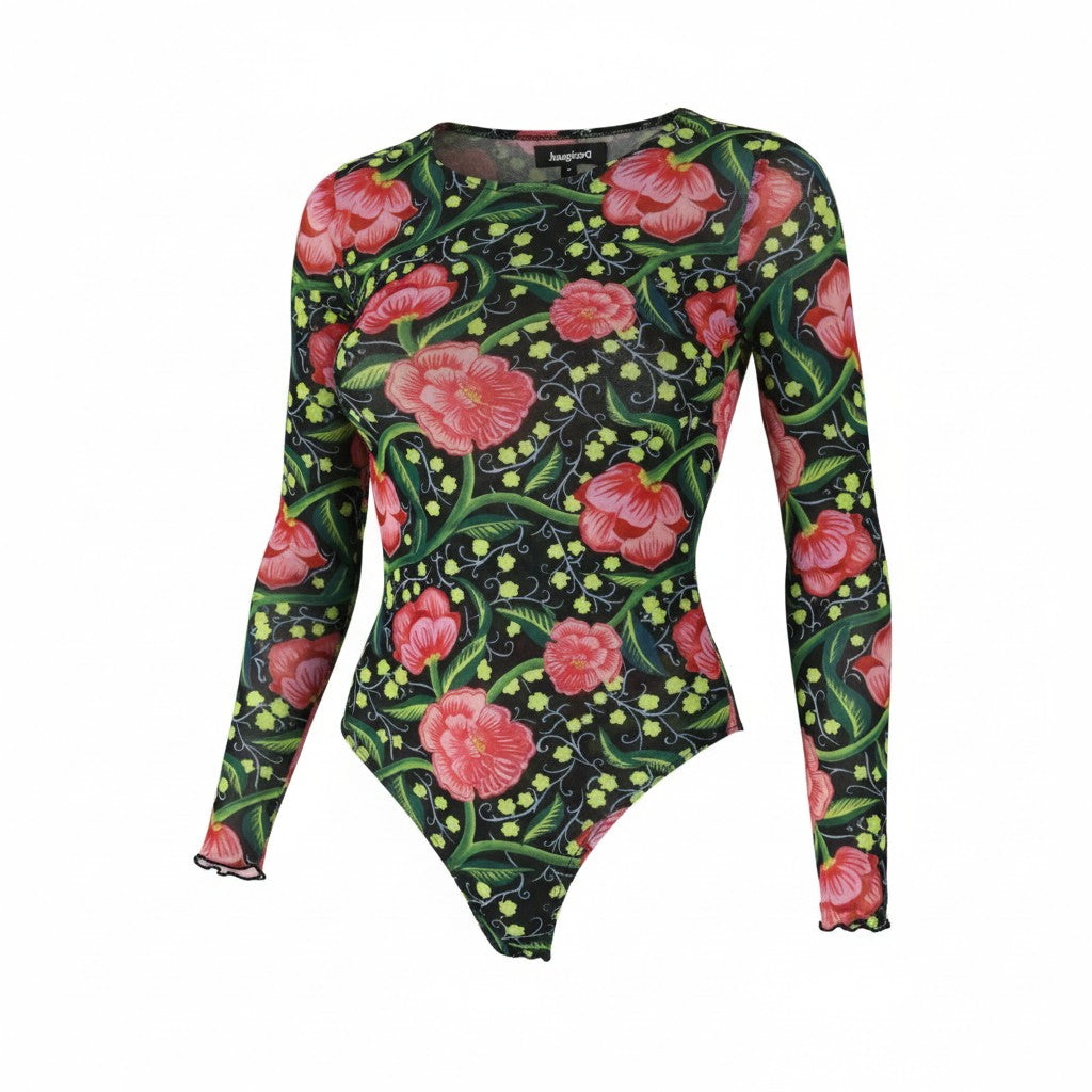 DESIGUAL Sally Women Bodysuit L Long Sleeved Floral Print Slim Fit Mesh