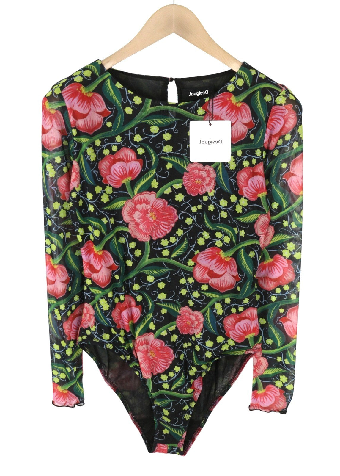 DESIGUAL Sally Women Bodysuit L Long Sleeved Floral Print Slim Fit Mesh