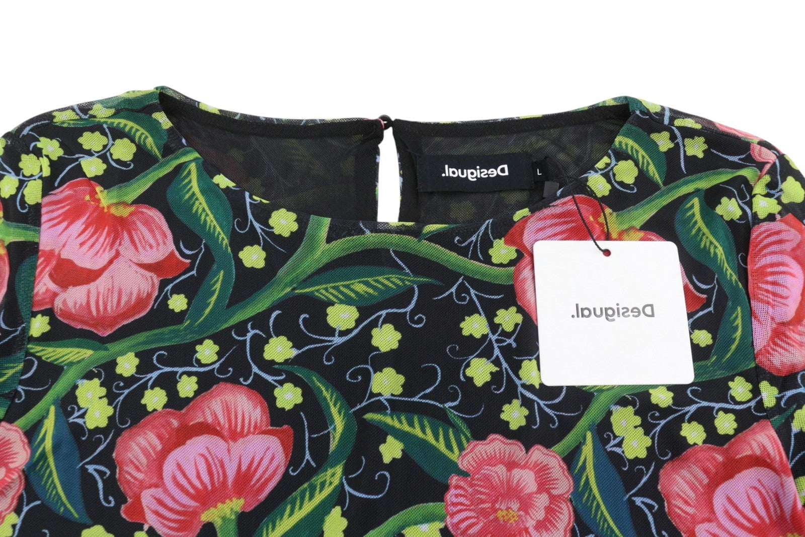 DESIGUAL Sally Women Bodysuit L Long Sleeved Floral Print Slim Fit Mesh