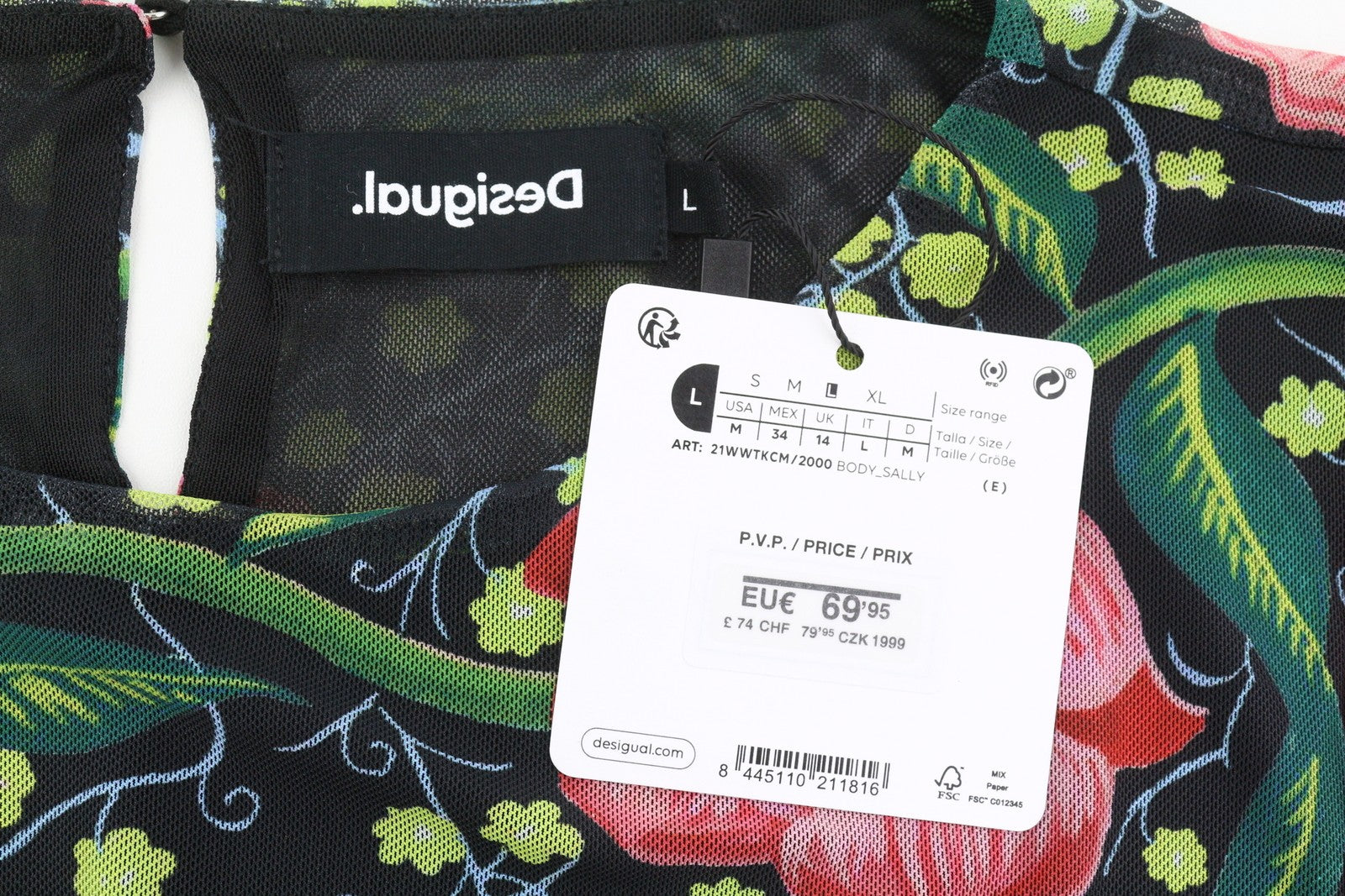 DESIGUAL Sally Women Bodysuit L Long Sleeved Floral Print Slim Fit Mesh