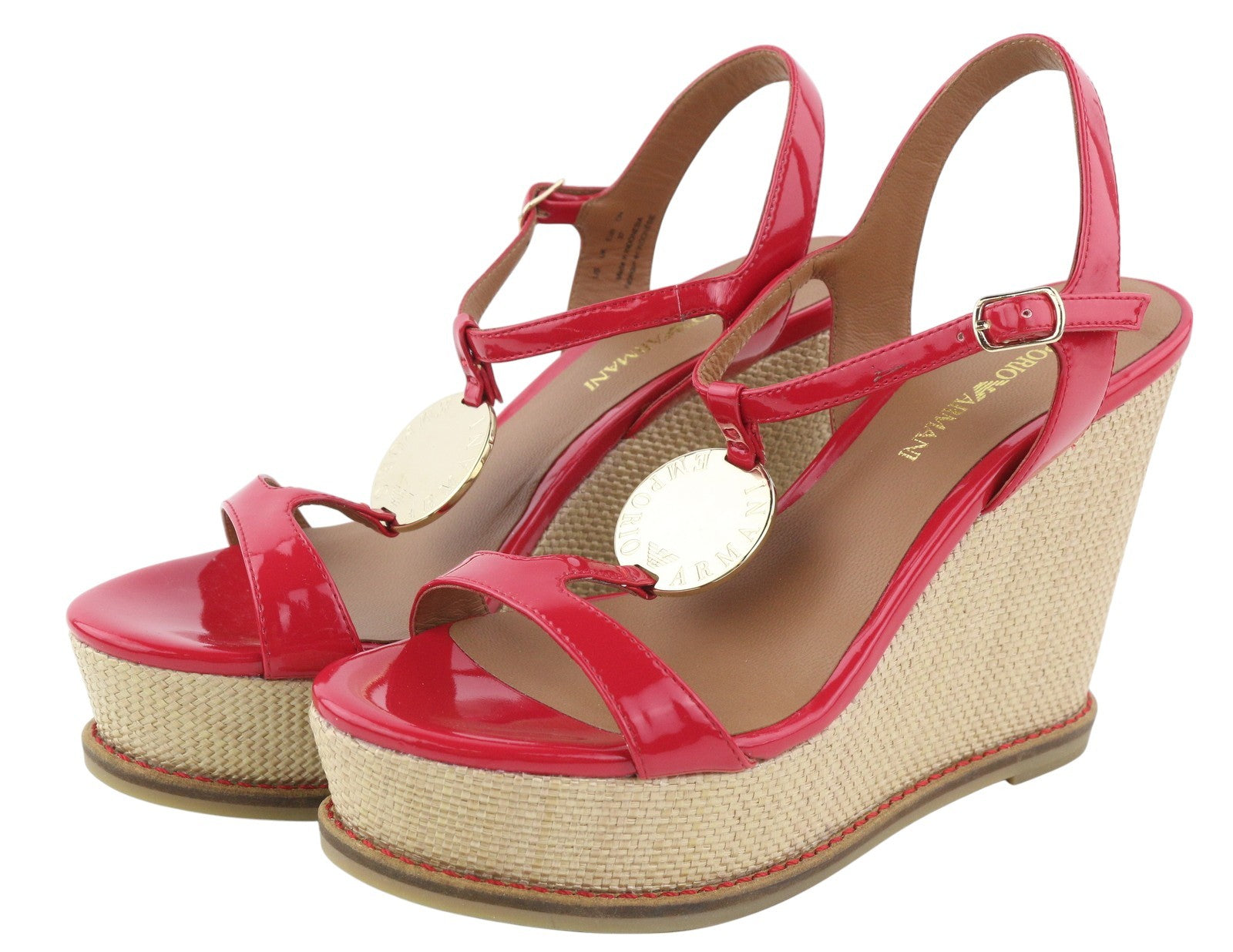 EMPORIO ARMANI X3U067 Women Sandals EU37 Red Patent Wedge Casual