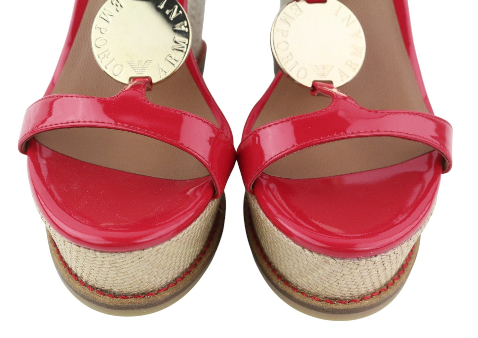 EMPORIO ARMANI X3U067 Women Sandals EU37 Red Patent Wedge Casual